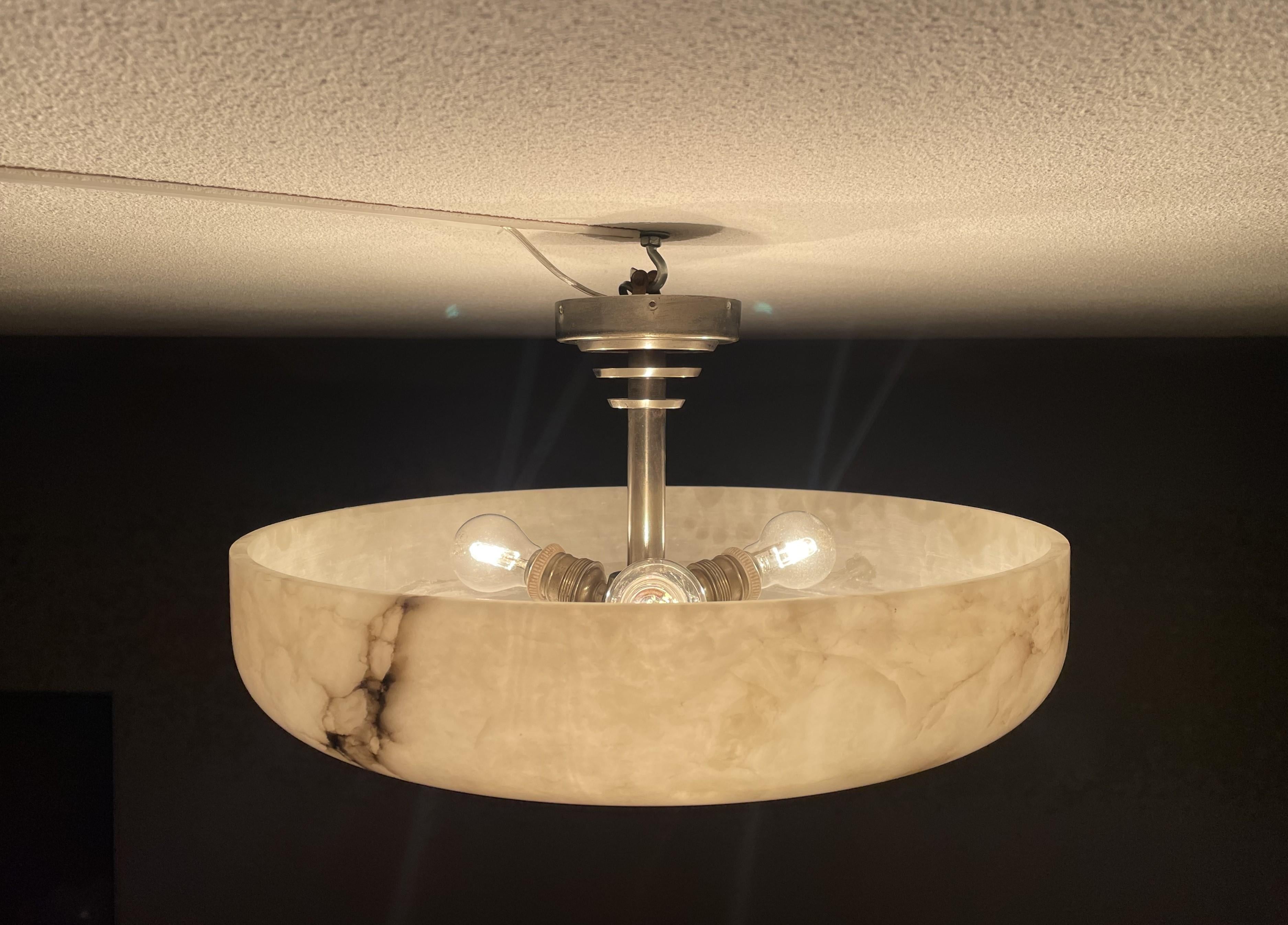 Large Art Deco Alabaster Flush Mount w. Nickel Plated Canopy, Rod & Finial 1910s 9