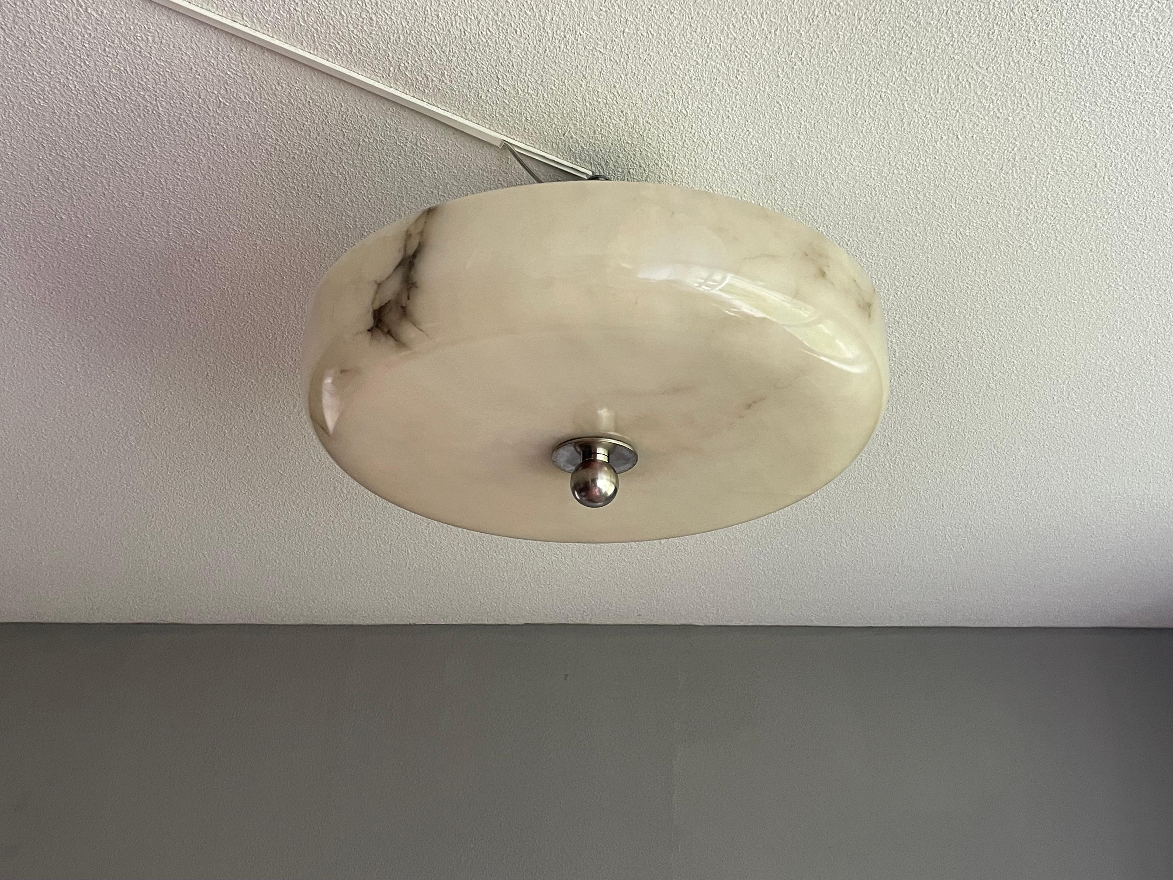 Large Art Deco Alabaster Flush Mount w. Nickel Plated Canopy, Rod & Finial 1910s 10