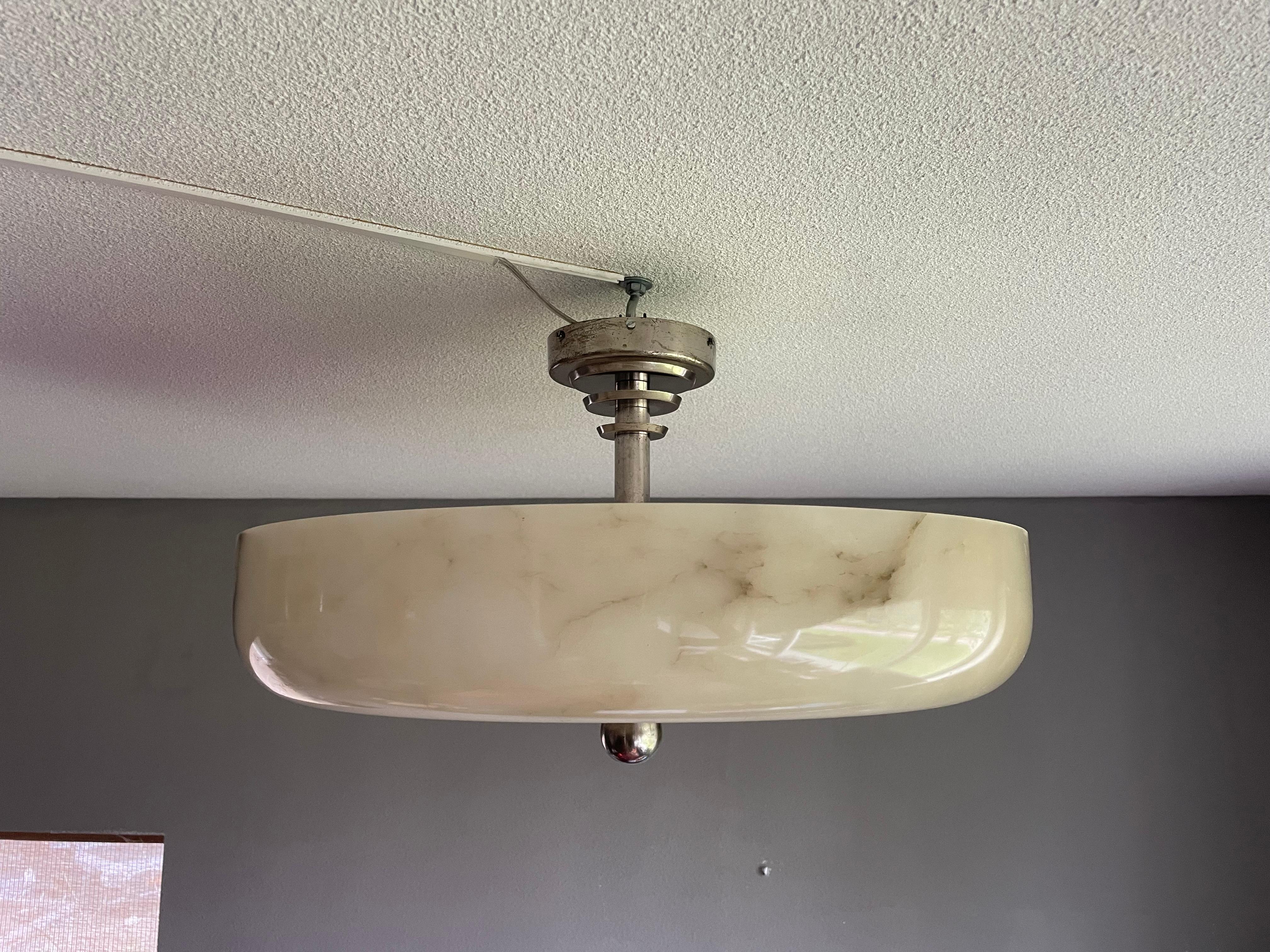 Large Art Deco Alabaster Flush Mount w. Nickel Plated Canopy, Rod & Finial 1910s 12