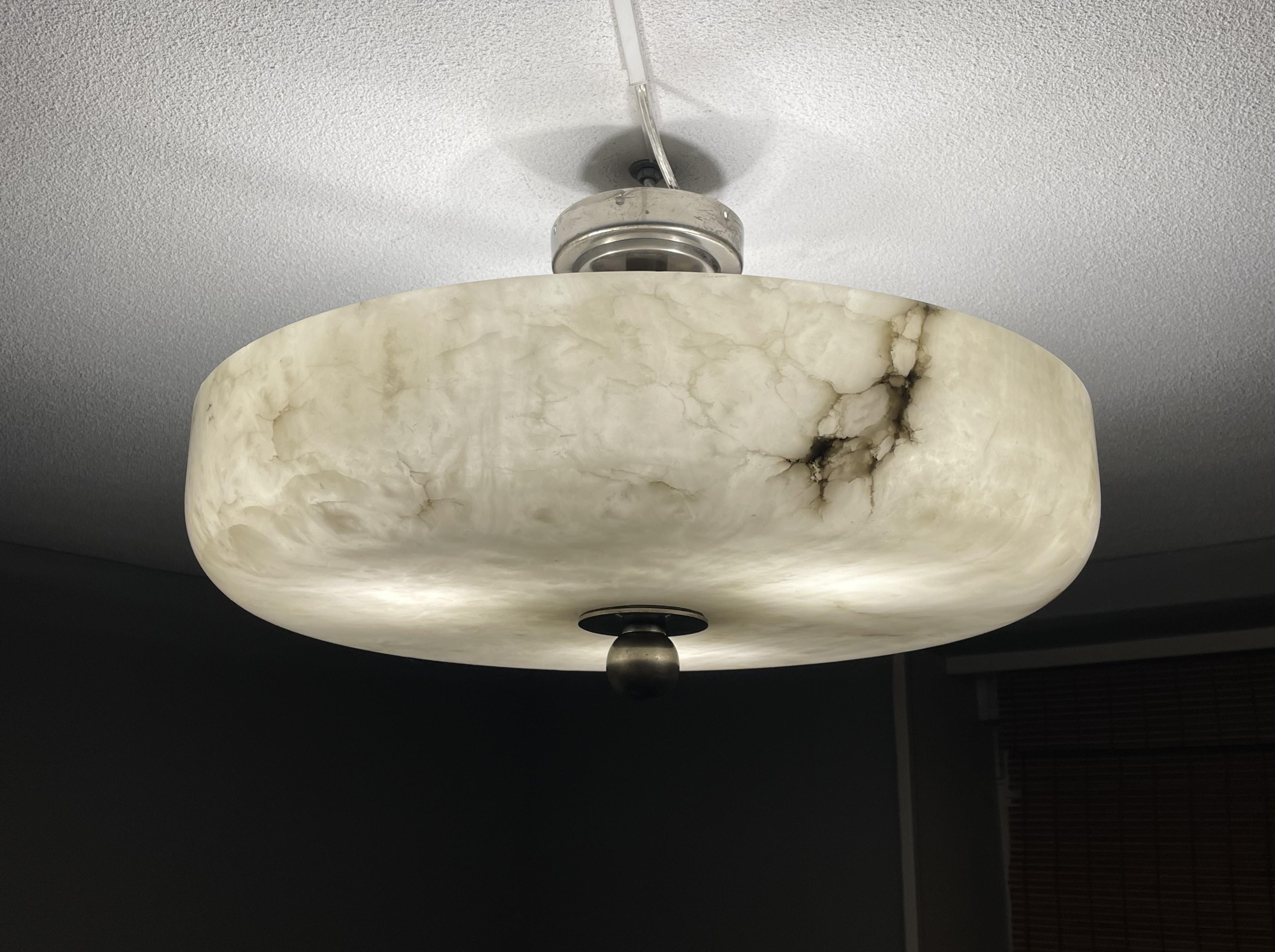 Large Art Deco Alabaster Flush Mount w. Nickel Plated Canopy, Rod & Finial 1910s 13