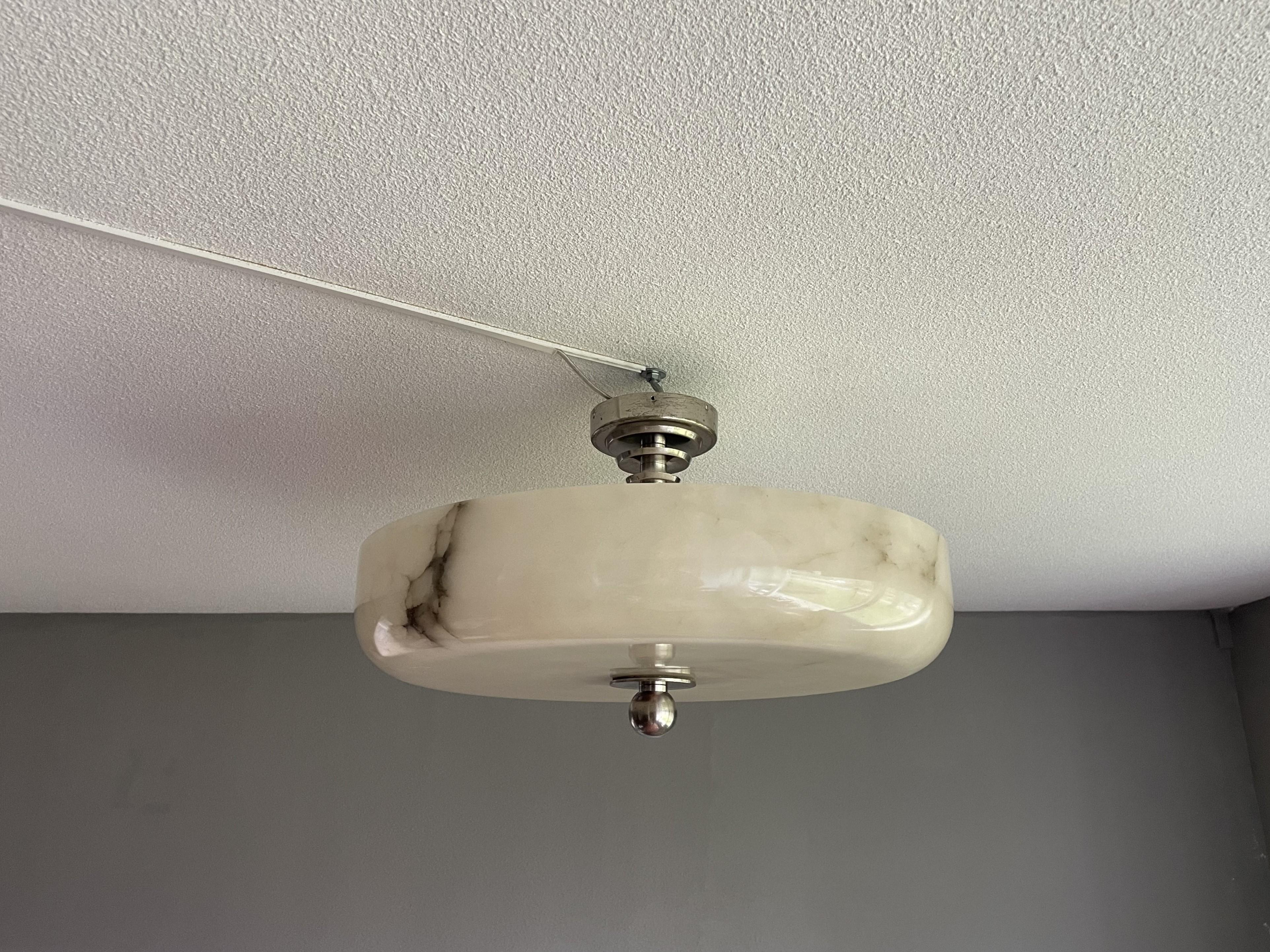 European Large Art Deco Alabaster Flush Mount w. Nickel Plated Canopy, Rod & Finial 1910s