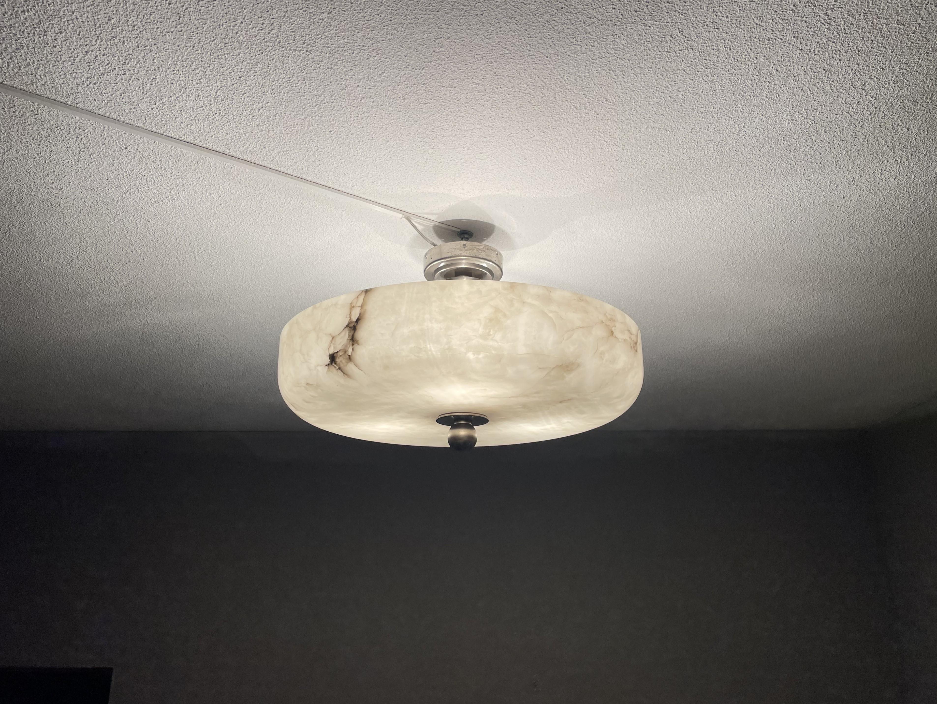 Hand-Carved Large Art Deco Alabaster Flush Mount w. Nickel Plated Canopy, Rod & Finial 1910s