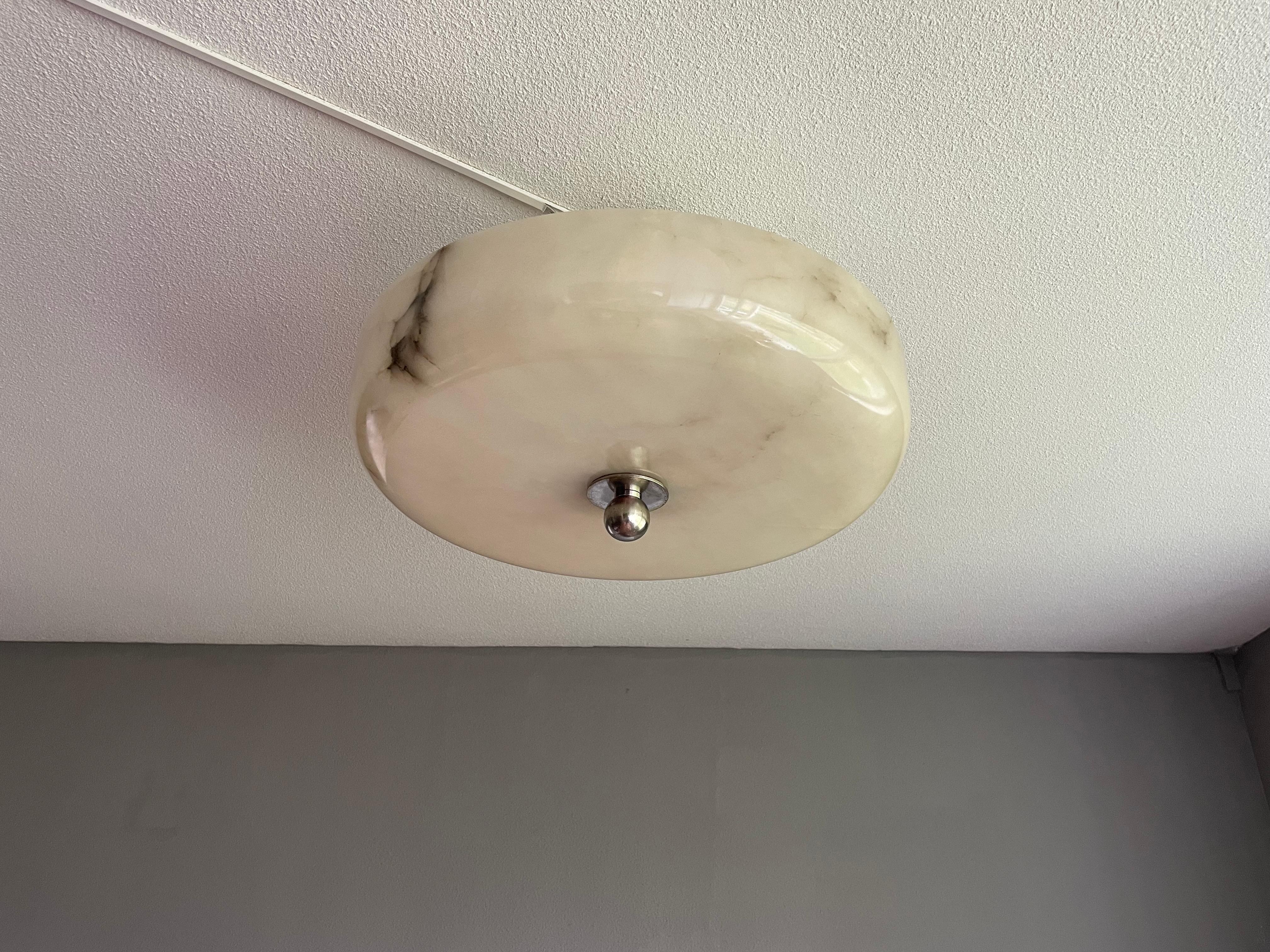 Large Art Deco Alabaster Flush Mount w. Nickel Plated Canopy, Rod & Finial 1910s In Good Condition In Lisse, NL