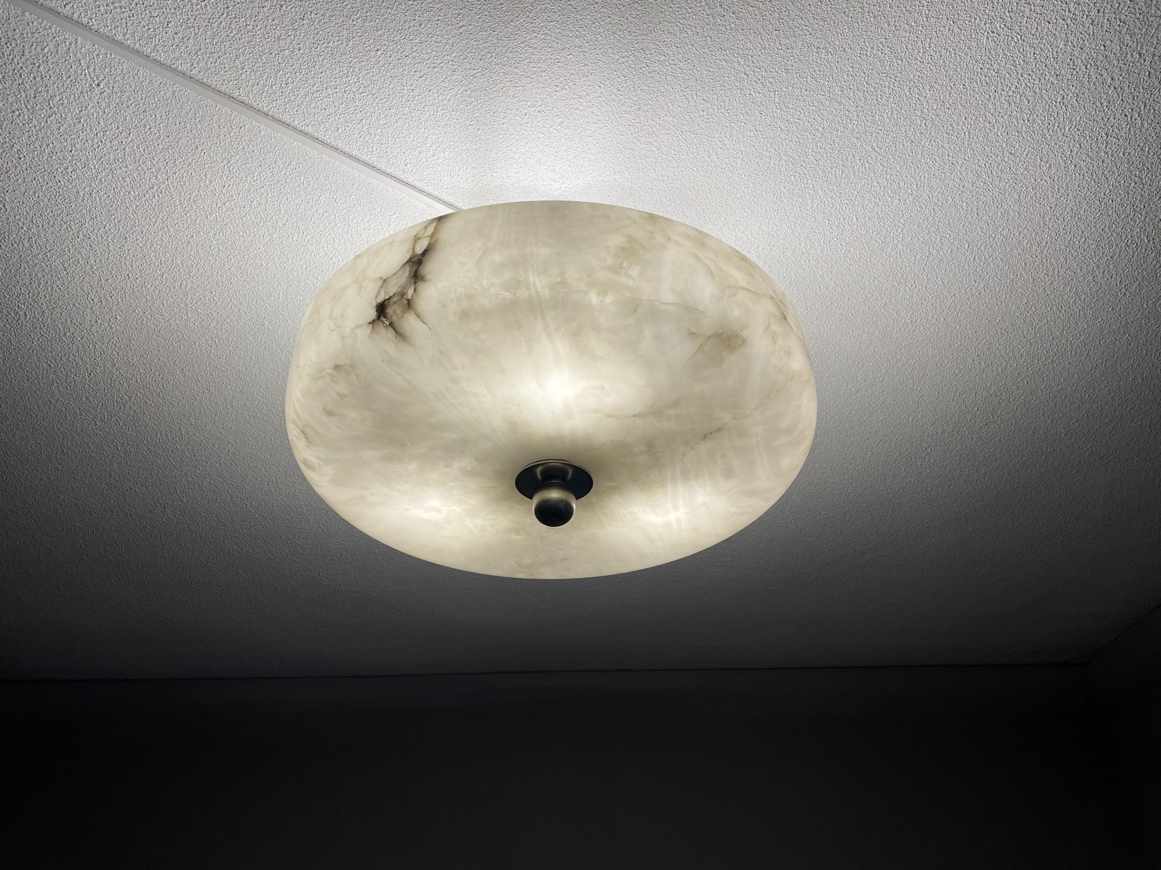 20th Century Large Art Deco Alabaster Flush Mount w. Nickel Plated Canopy, Rod & Finial 1910s