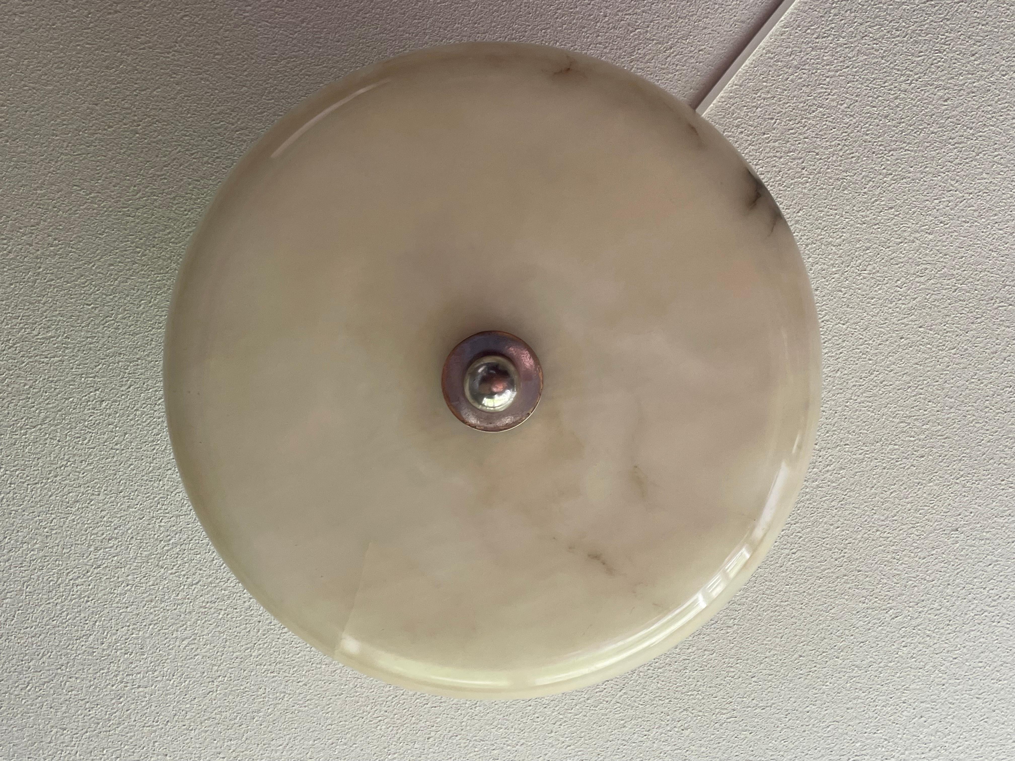 Brass Large Art Deco Alabaster Flush Mount w. Nickel Plated Canopy, Rod & Finial 1910s