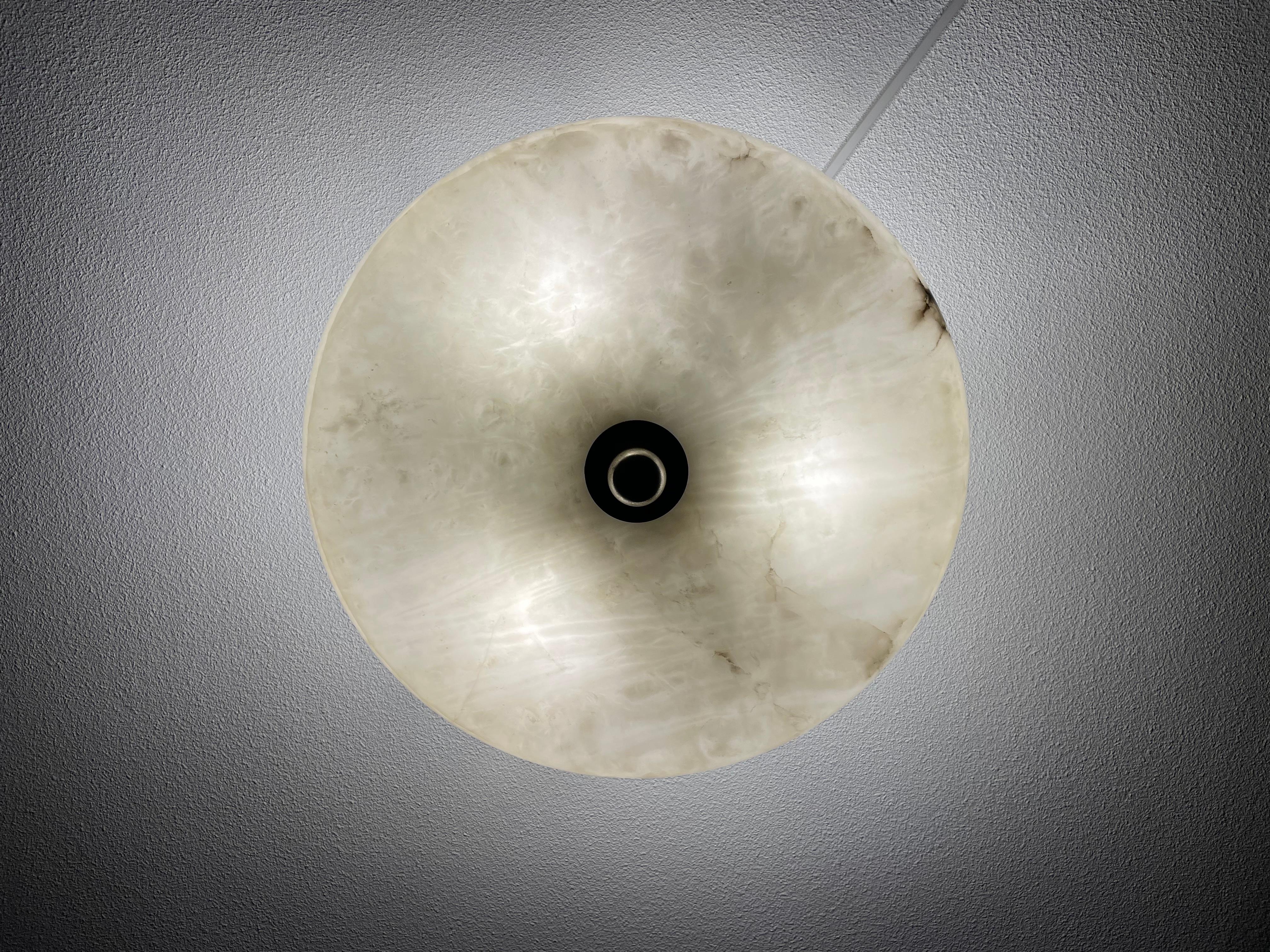 Large Art Deco Alabaster Flush Mount w. Nickel Plated Canopy, Rod & Finial 1910s 1