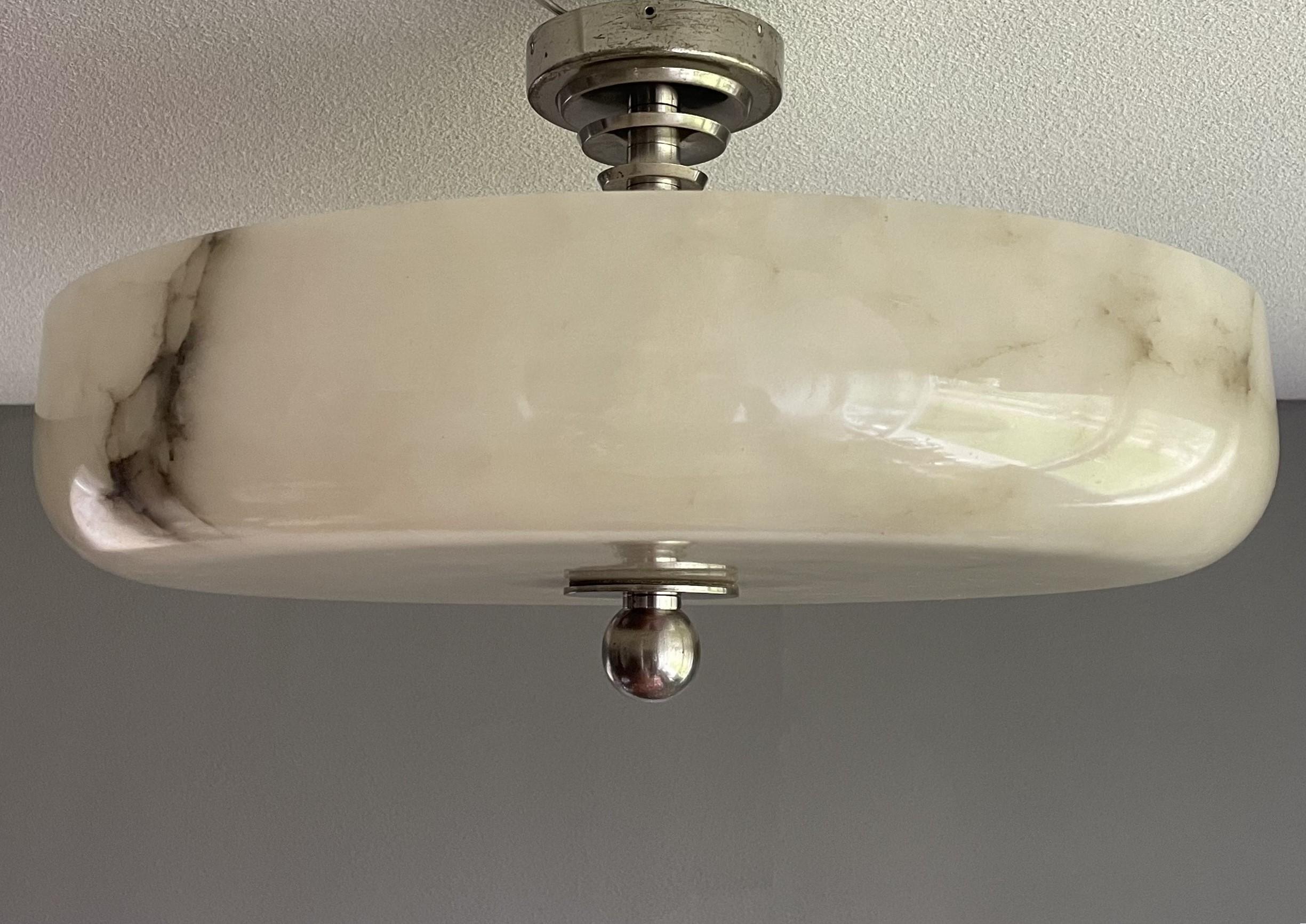 Large Art Deco Alabaster Flush Mount w. Nickel Plated Canopy, Rod & Finial 1910s For Sale 2