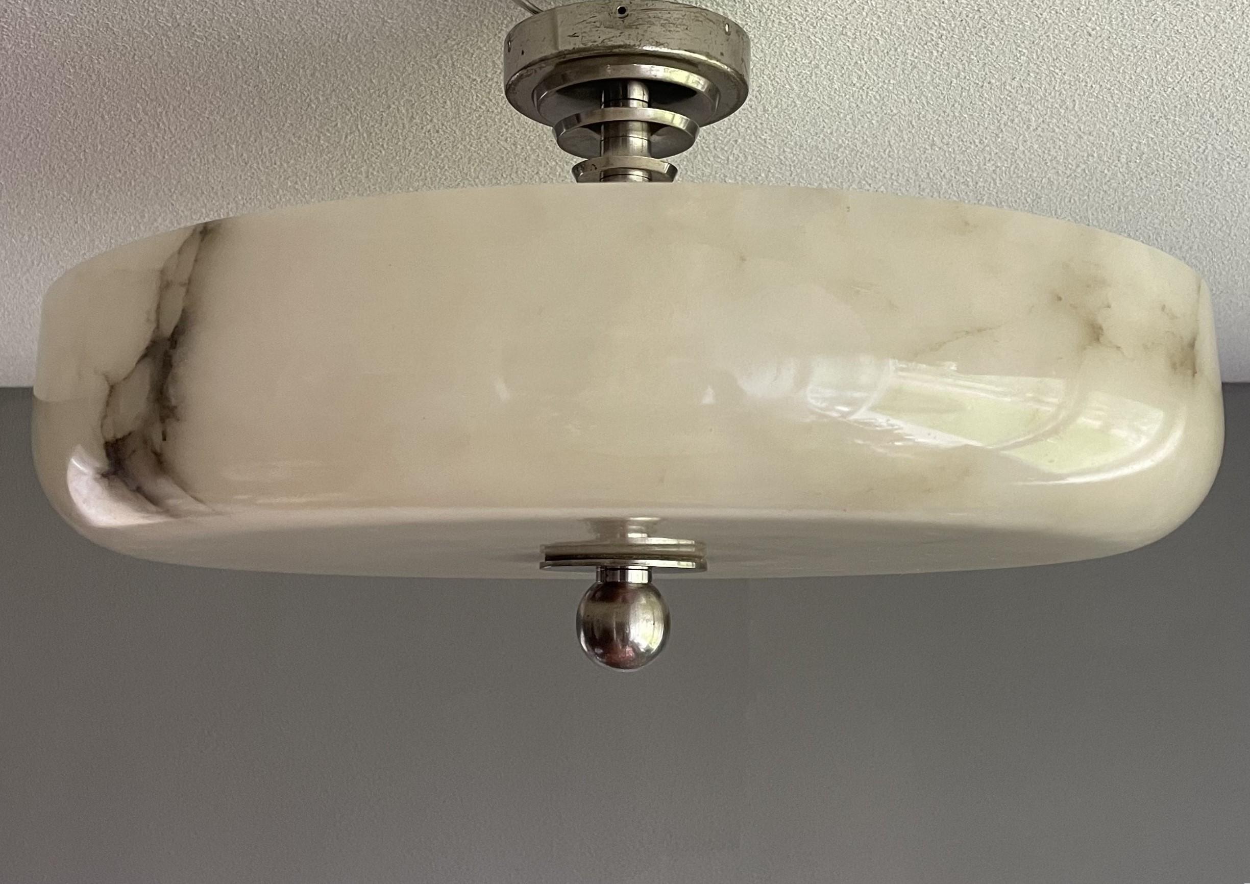 Large Art Deco Alabaster Flush Mount w. Nickel Plated Canopy, Rod & Finial 1910s 2