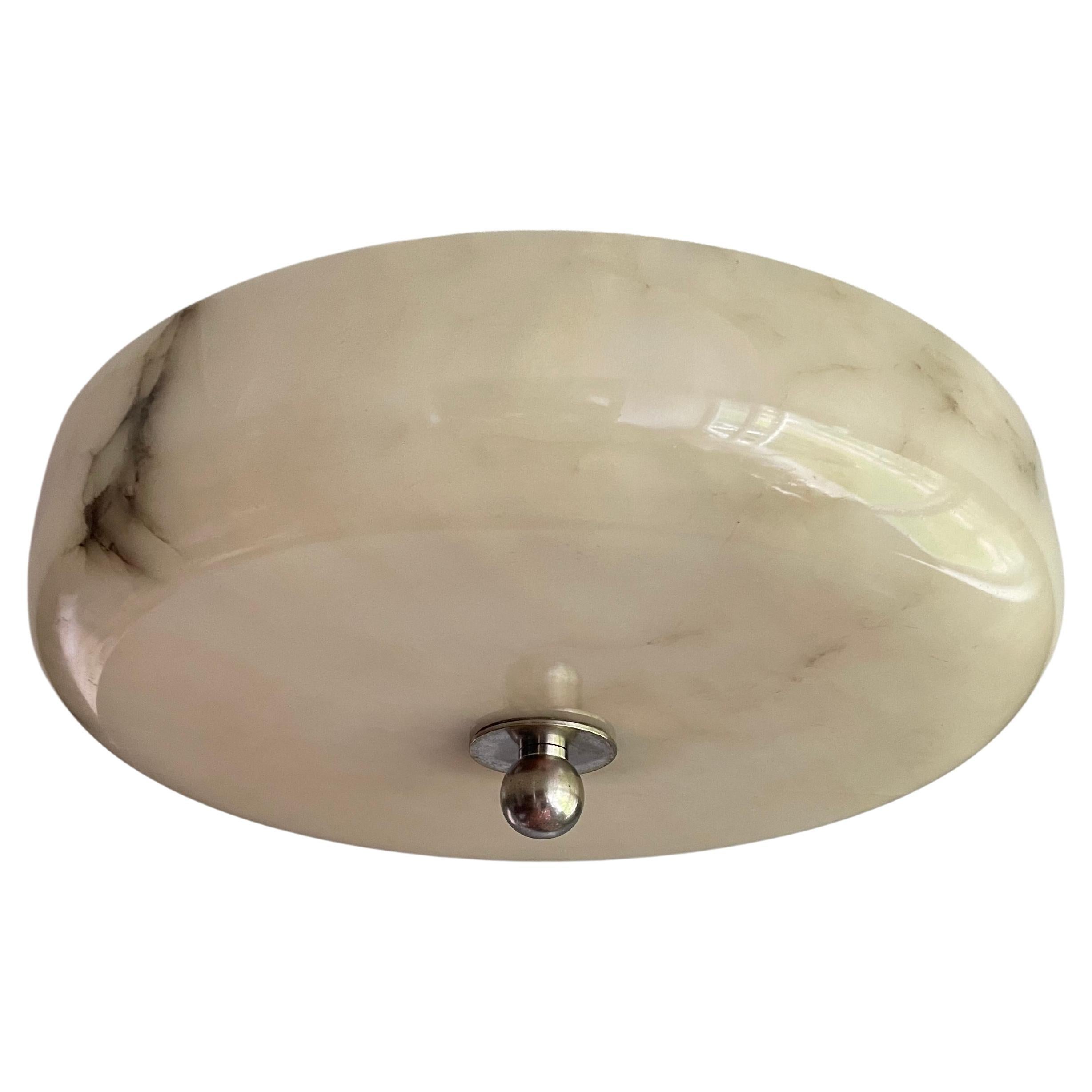 Large Art Deco Alabaster Flush Mount w. Nickel Plated Canopy, Rod & Finial 1910s For Sale