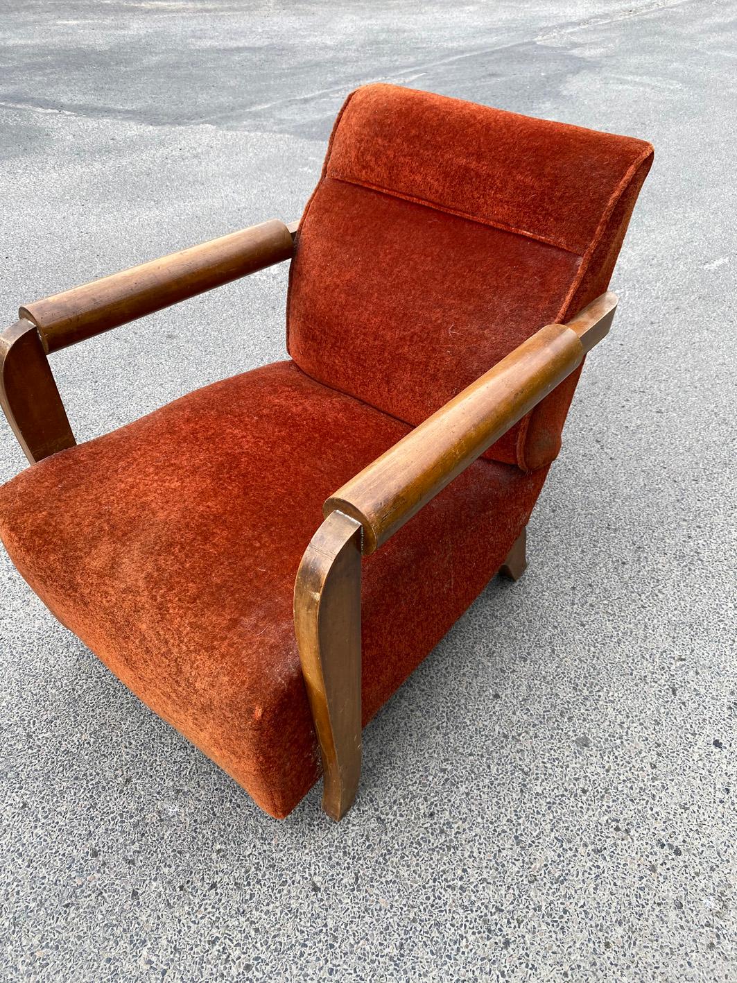 Velvet Large Art Deco Armchair in the Style of André Domin, circa 1930 For Sale