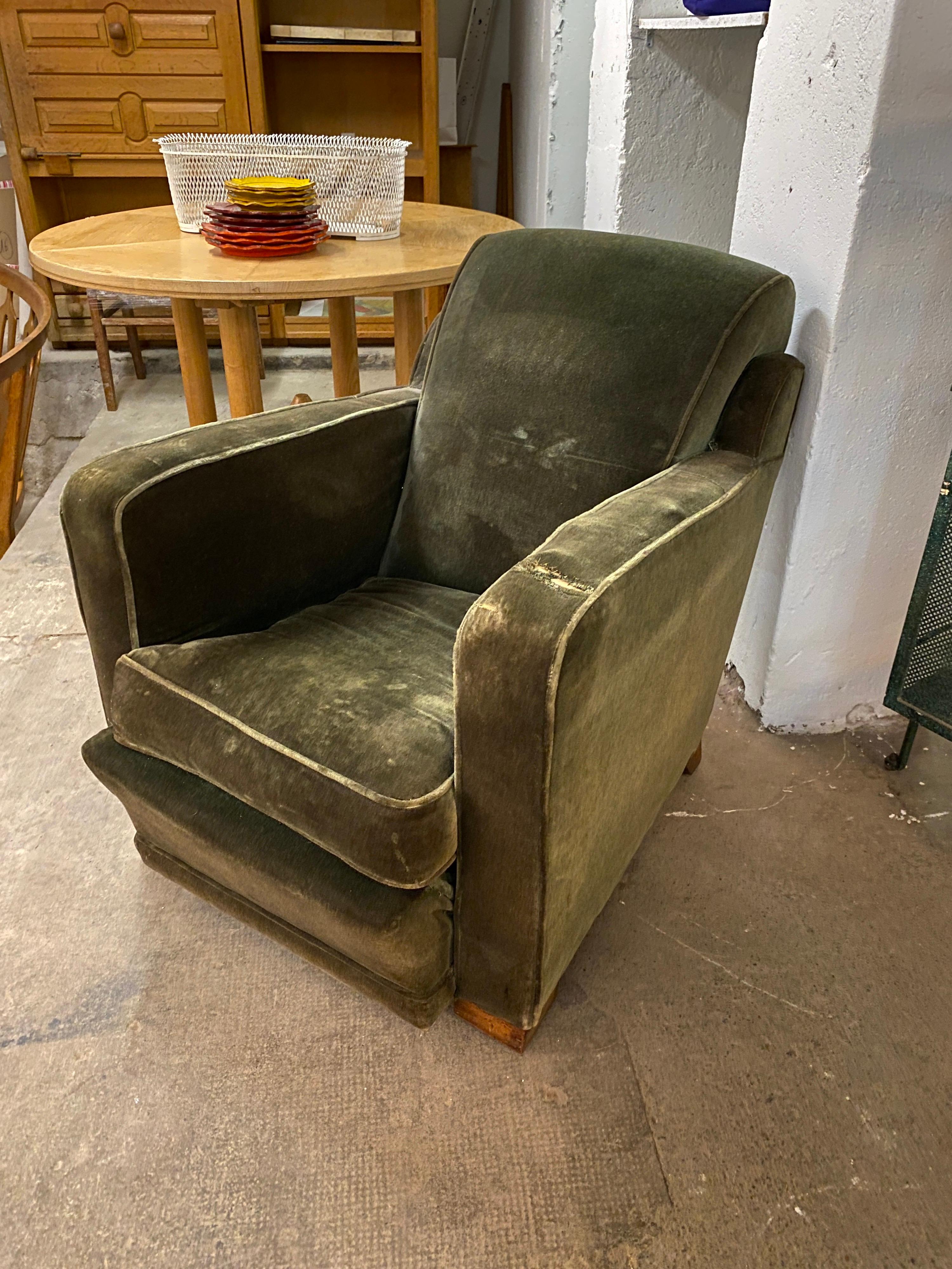 Velvet Large Art Deco Armchairs, circa 1930-1940