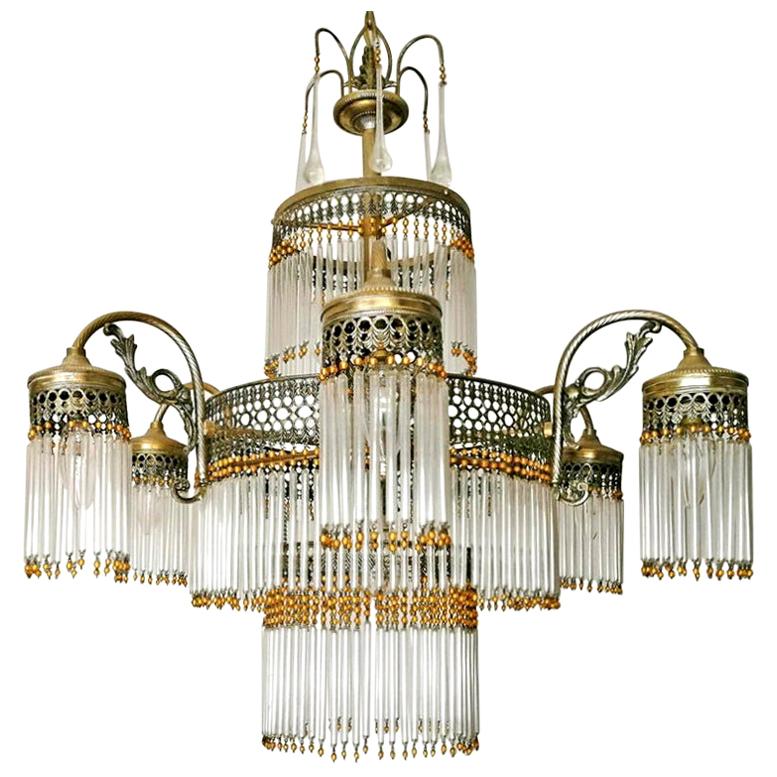 Large Art Deco Art Nouveau Amber Beaded 
Clear Glass Straw, 10-Light Chandelier