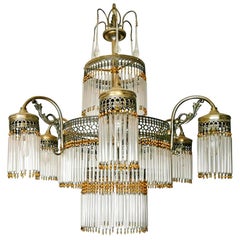 Large Art Deco Art Nouveau Amber Beaded & Clear Glass Straw, 10-Light Chandelier