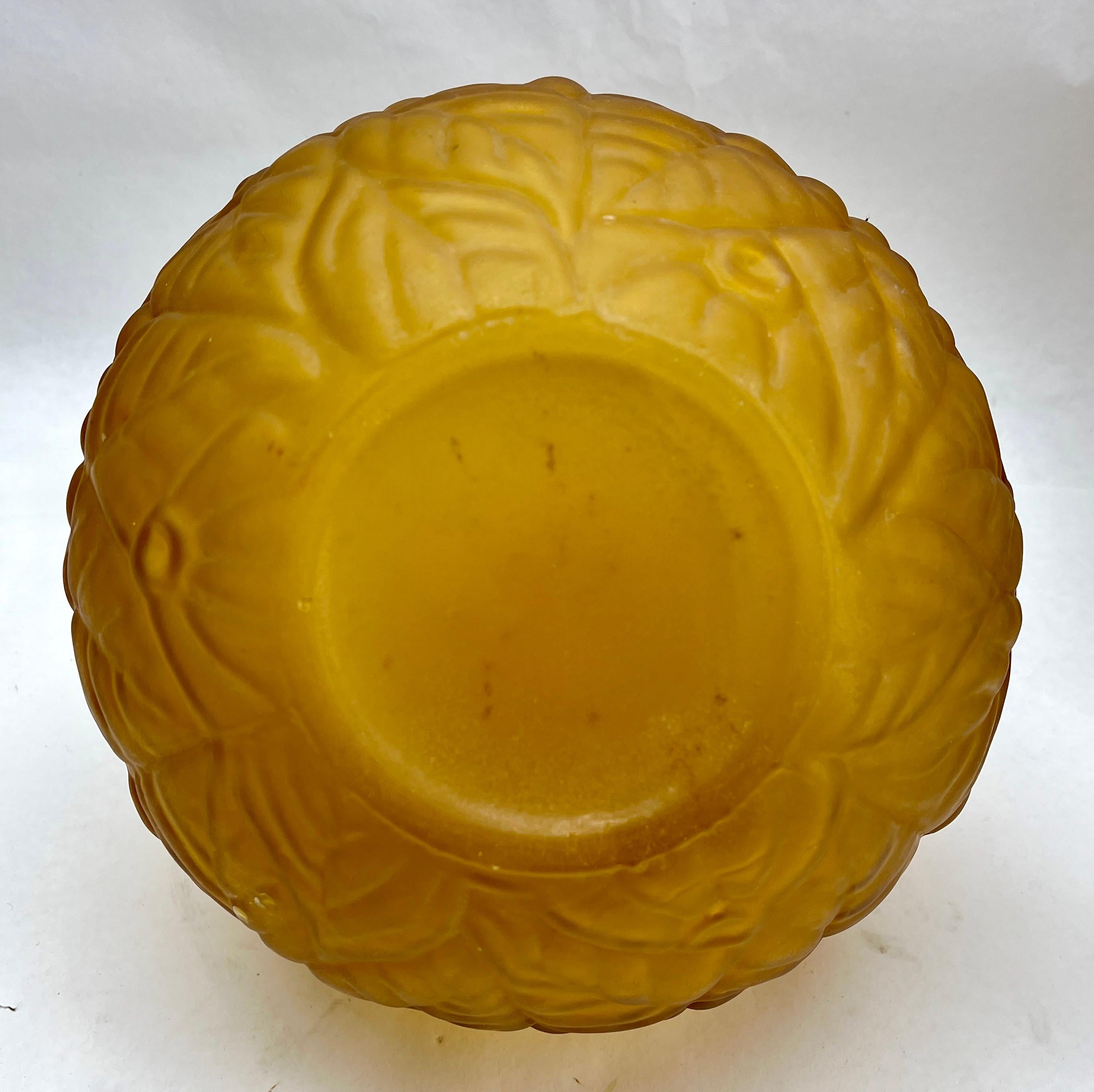 Mid-20th Century Large Art Deco Ball Vase in Gold-Coloured Frosted Opaline Glass Stylized Relief For Sale