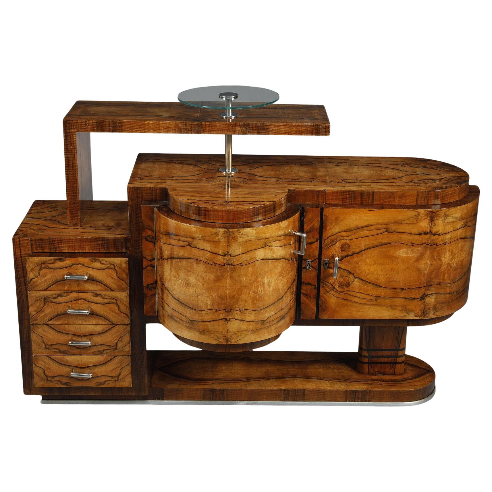 Grand meuble de bar Art Déco en placage de noyer en vente