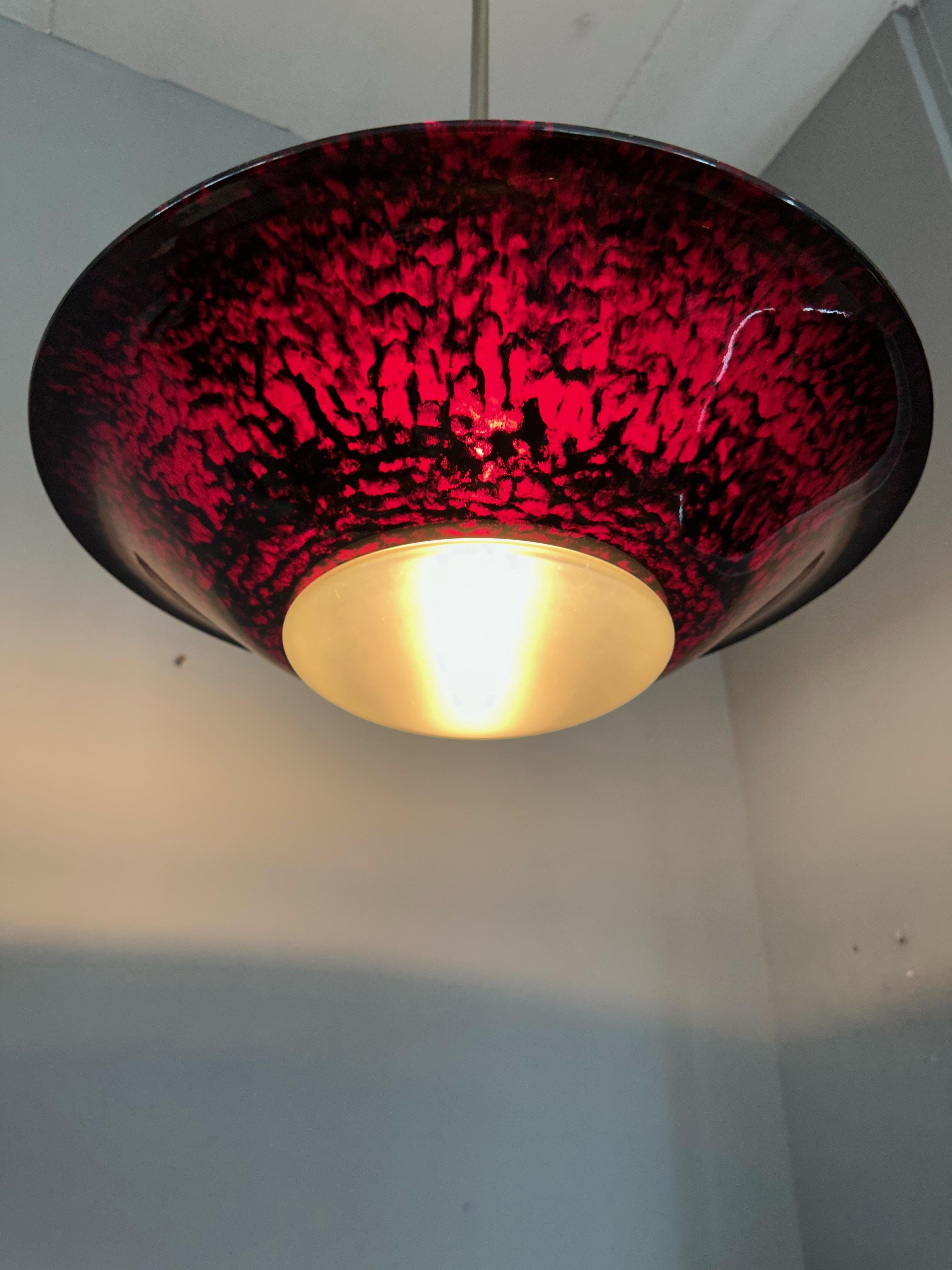 Large Art Deco / Bauhaus Style Nickel, Opaline Glass and Bakelite Pendant Light In Good Condition In Lisse, NL