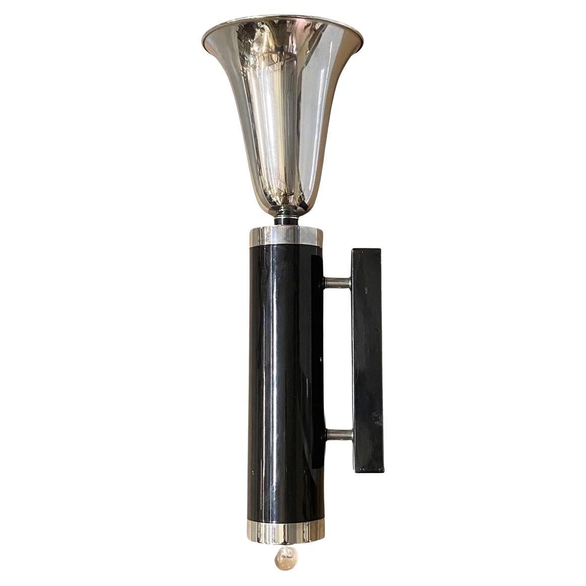 Large Art Deco Black Enamel Sconce w/ Chrome Horn Lucite Detail For Sale