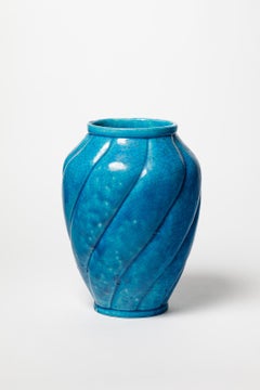 gran jarrón de cerámica azul art decó firmado Lachenal único hecho a mano circa 1940