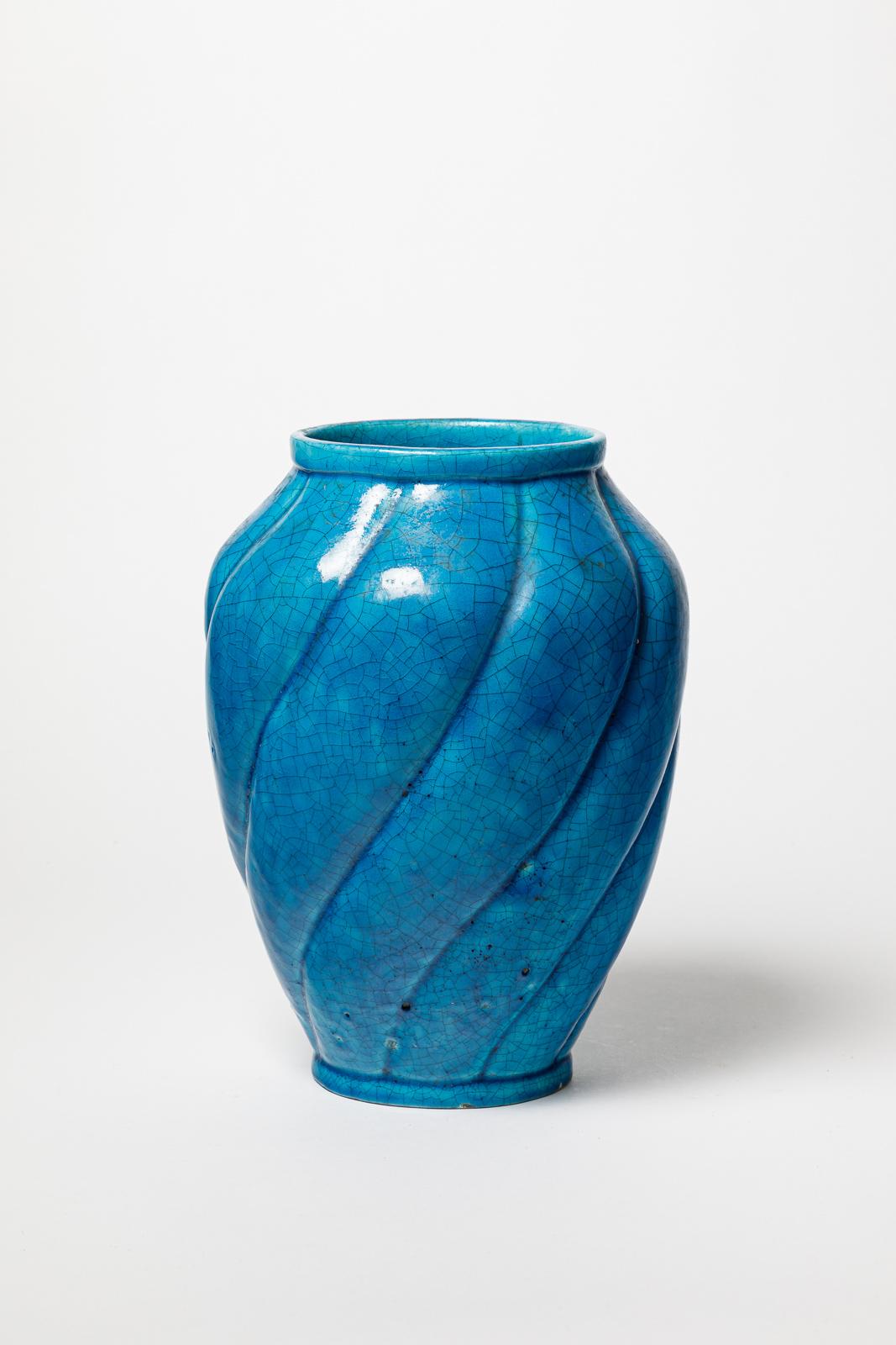 Art déco grand vase art déco en céramique bleue signé Lachenal unique fait main circa 1940 en vente