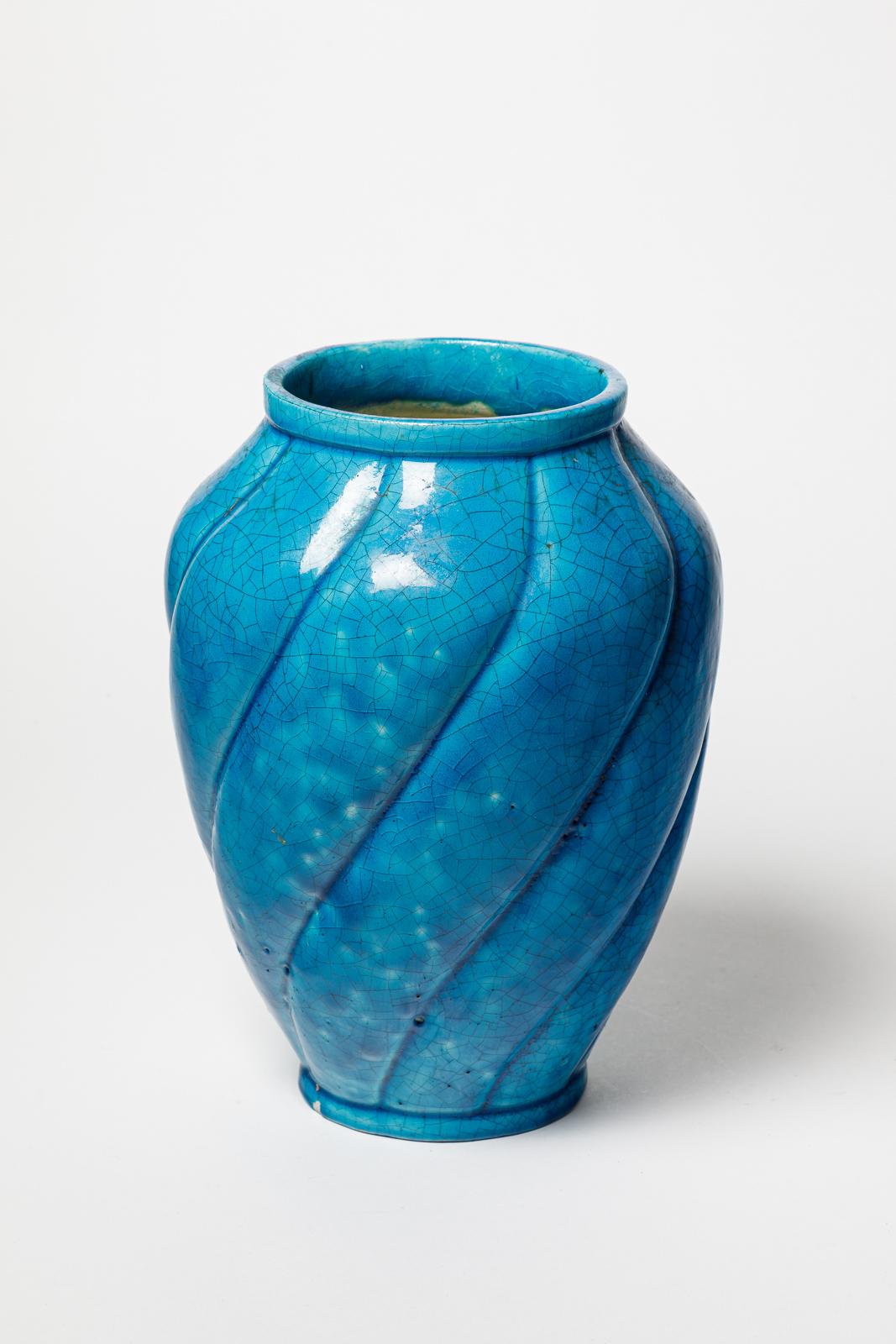 grand vase art déco en céramique bleue signé Lachenal unique fait main circa 1940 Excellent état - En vente à Neuilly-en- sancerre, FR