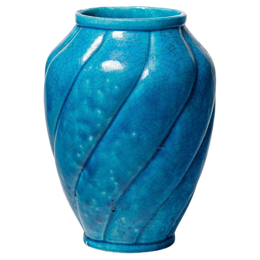 large art deco blue ceramic vase signed Lachenal unique handmade circa 1940