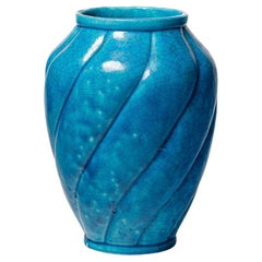 large art deco blue ceramic vase signed Lachenal unique handmade circa 1940