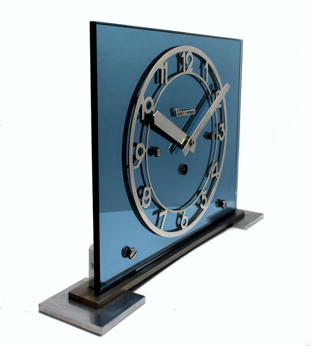 French Art Deco Large Blue Mirror Modernist Clock by Vedette, c1930 For Sale