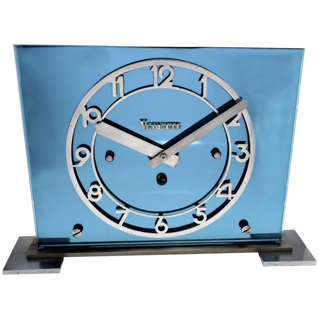 Art Deco Large Blue Mirror Modernist Clock by Vedette, c1930