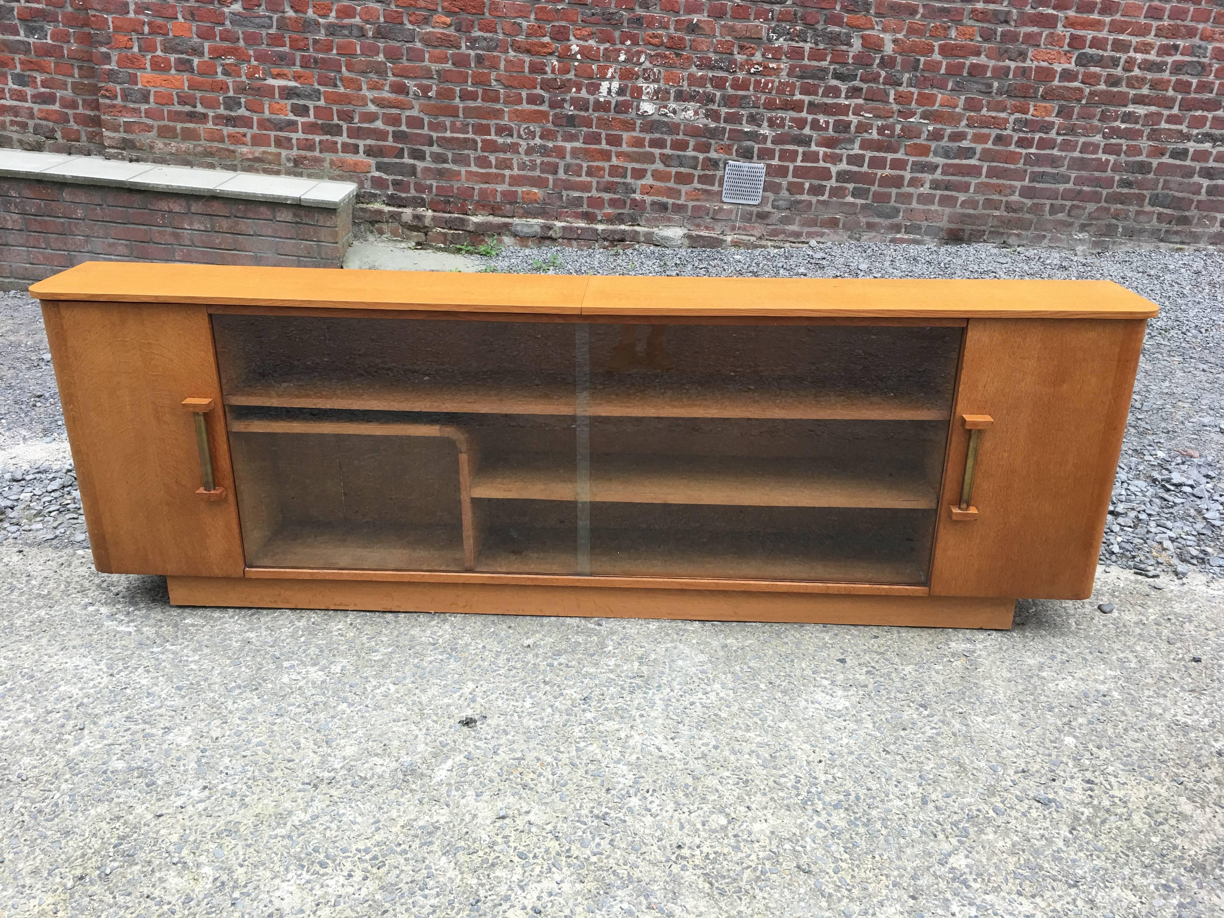 Brass Large Art Deco Bookcase in Oak, circa 1940