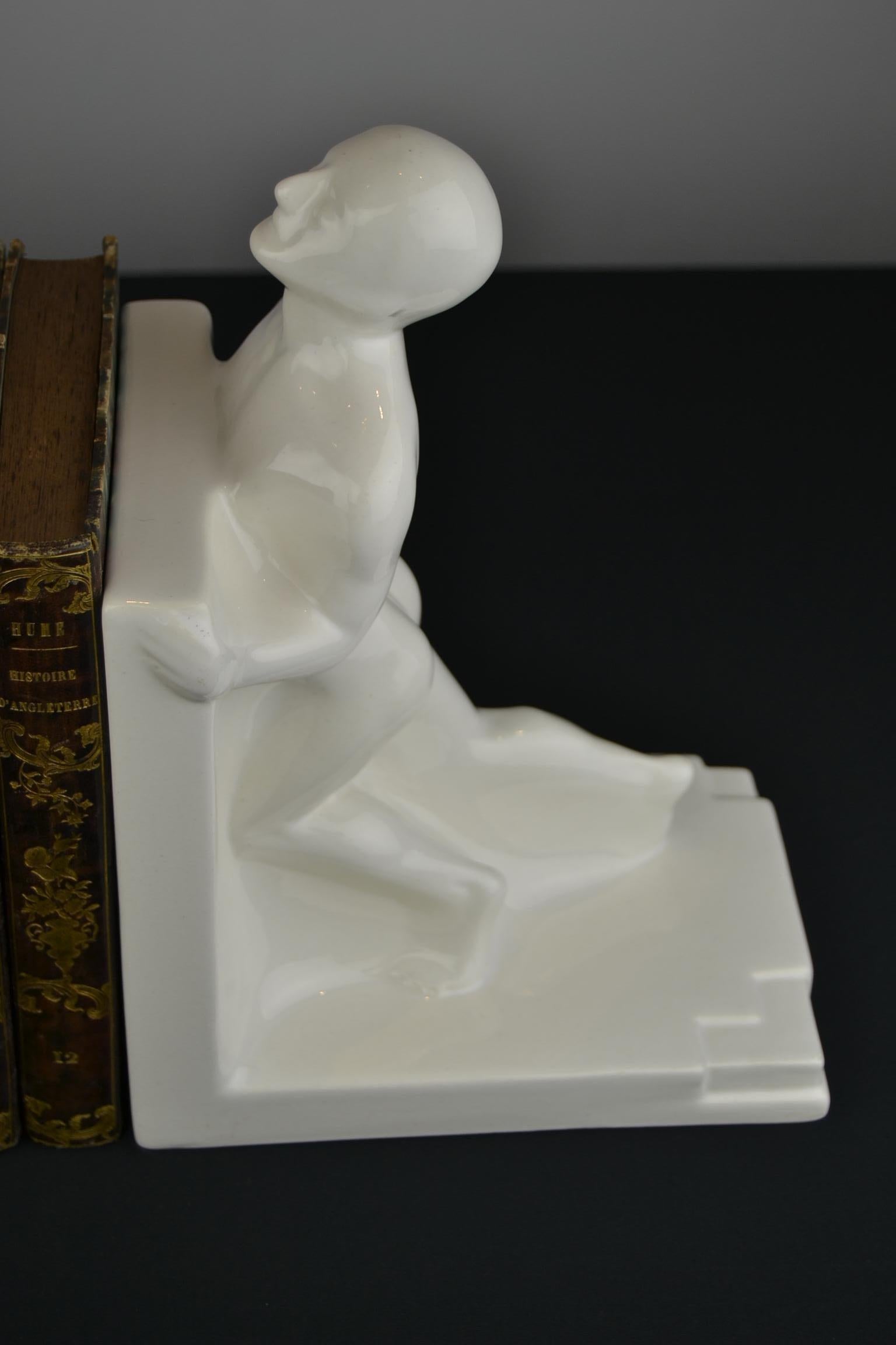 Large Art Deco Bookends with Nude Muscular Males in White Glazed Ceramic 4