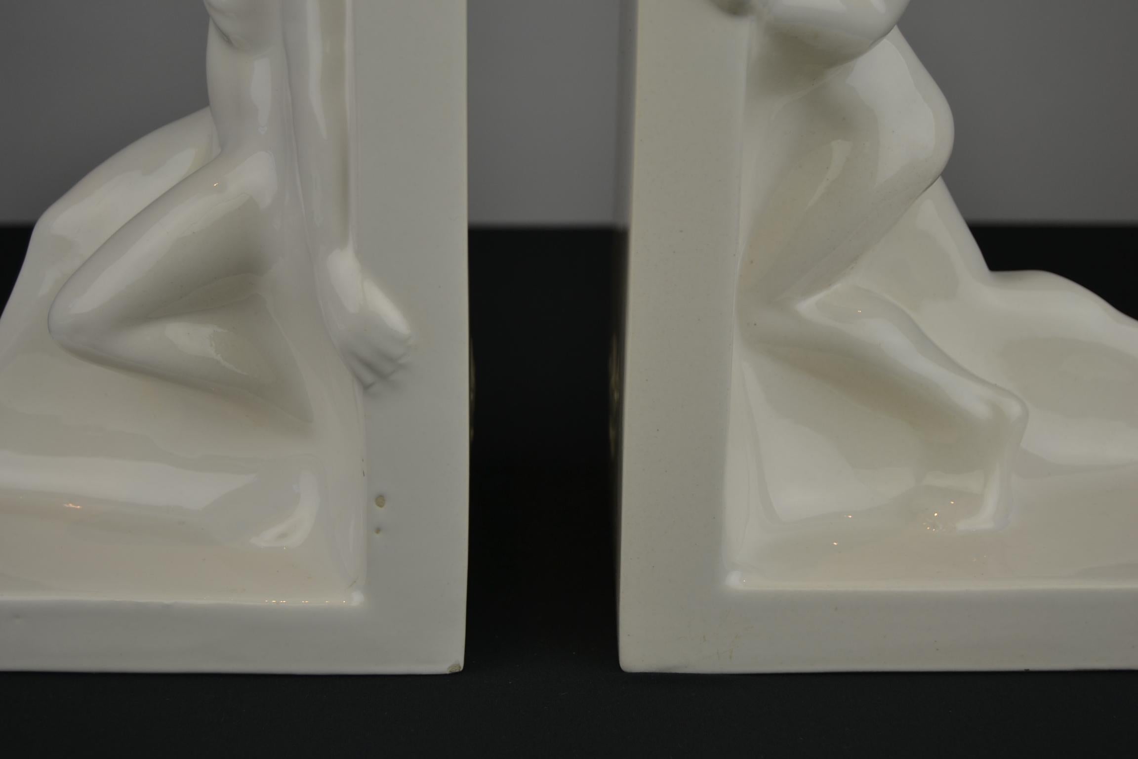 Large Art Deco Bookends with Nude Muscular Males in White Glazed Ceramic 7