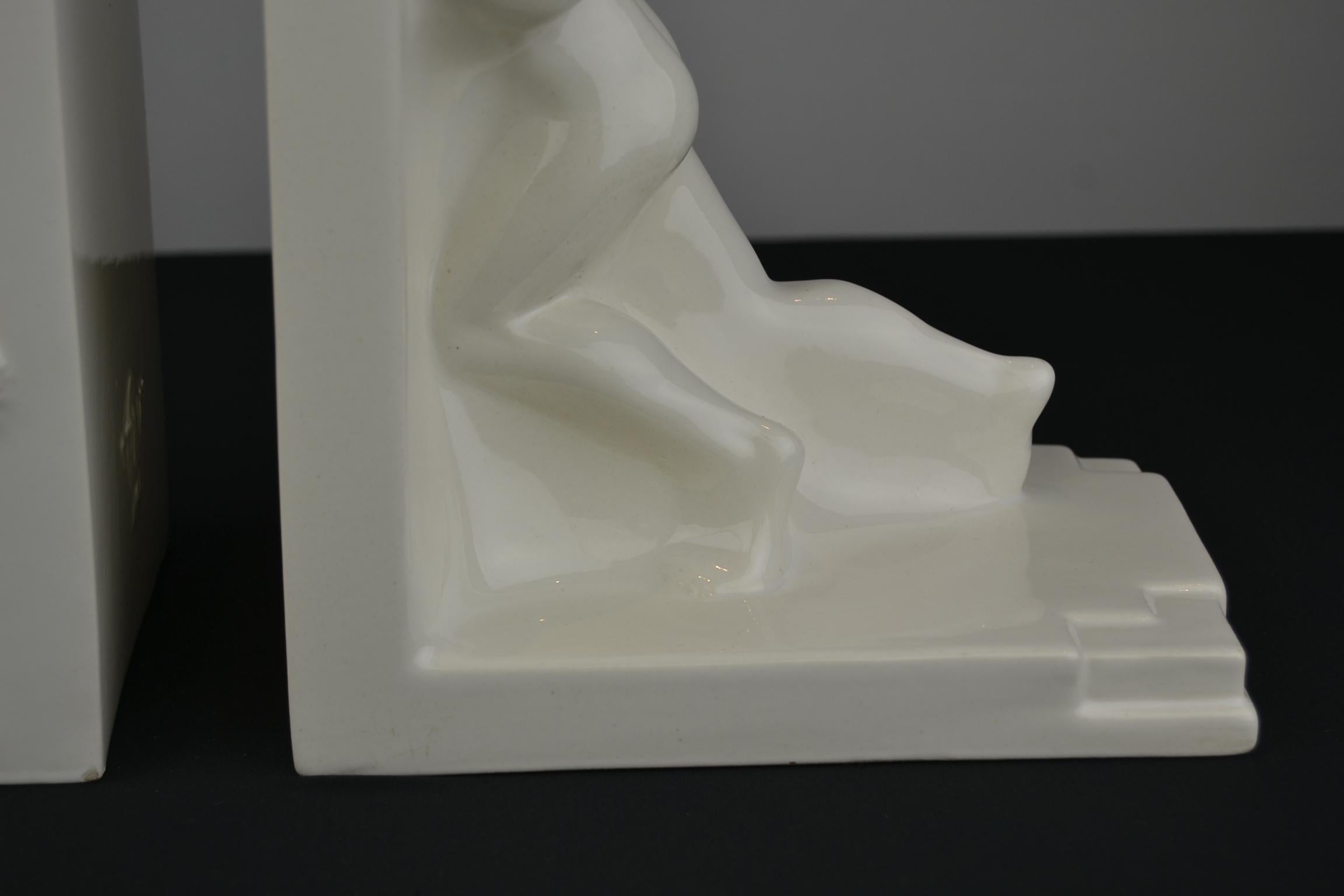 Large Art Deco Bookends with Nude Muscular Males in White Glazed Ceramic 9