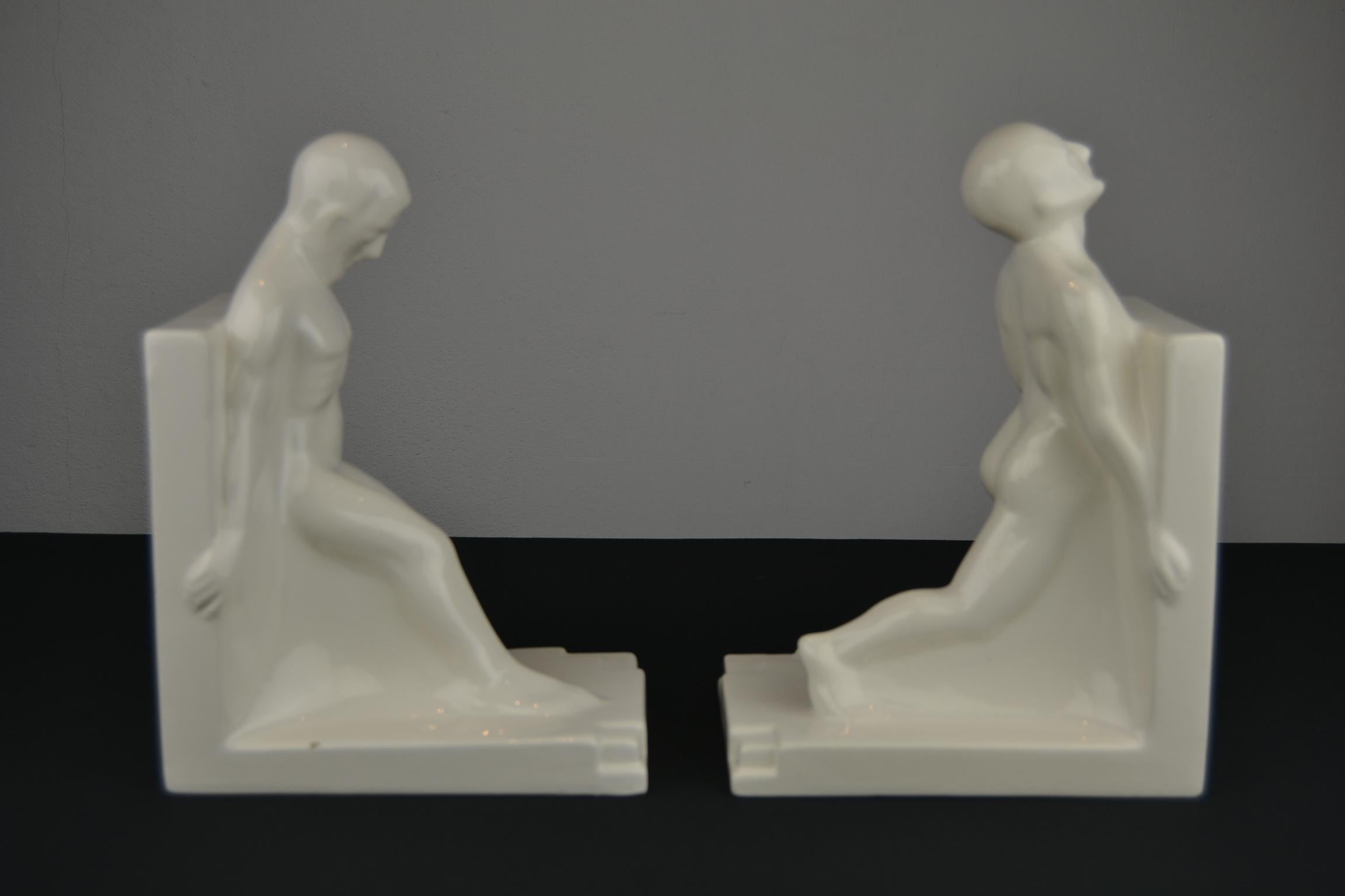 Large Art Deco Bookends with Nude Muscular Males in White Glazed Ceramic 12
