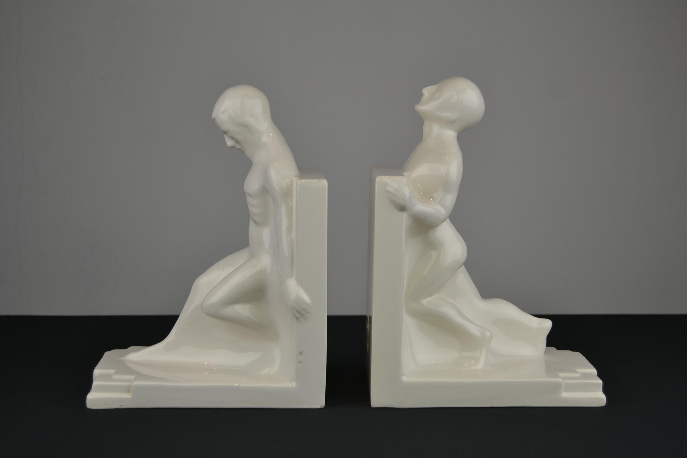 Large Art Deco Bookends with Nude Muscular Males in White Glazed Ceramic 13