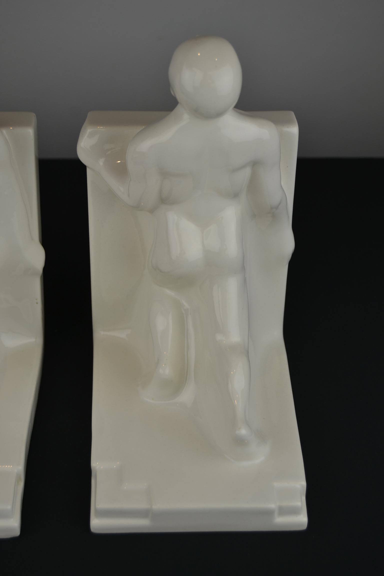 Large Art Deco Bookends with Nude Muscular Males in White Glazed Ceramic In Good Condition In Antwerp, BE