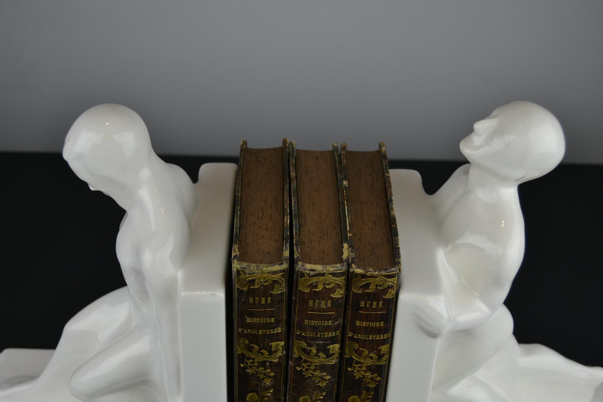 Large Art Deco Bookends with Nude Muscular Males in White Glazed Ceramic 1