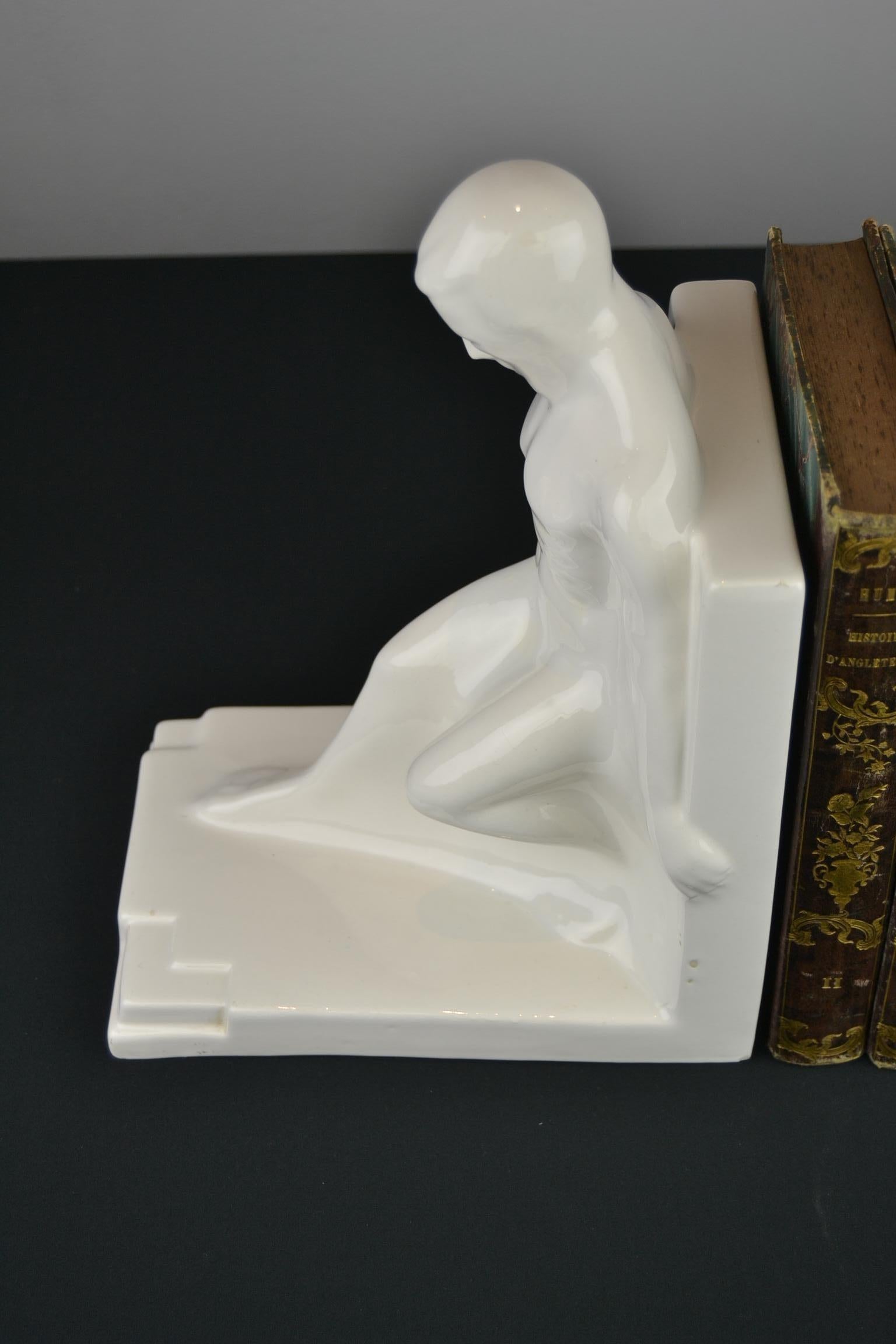 Large Art Deco Bookends with Nude Muscular Males in White Glazed Ceramic 2