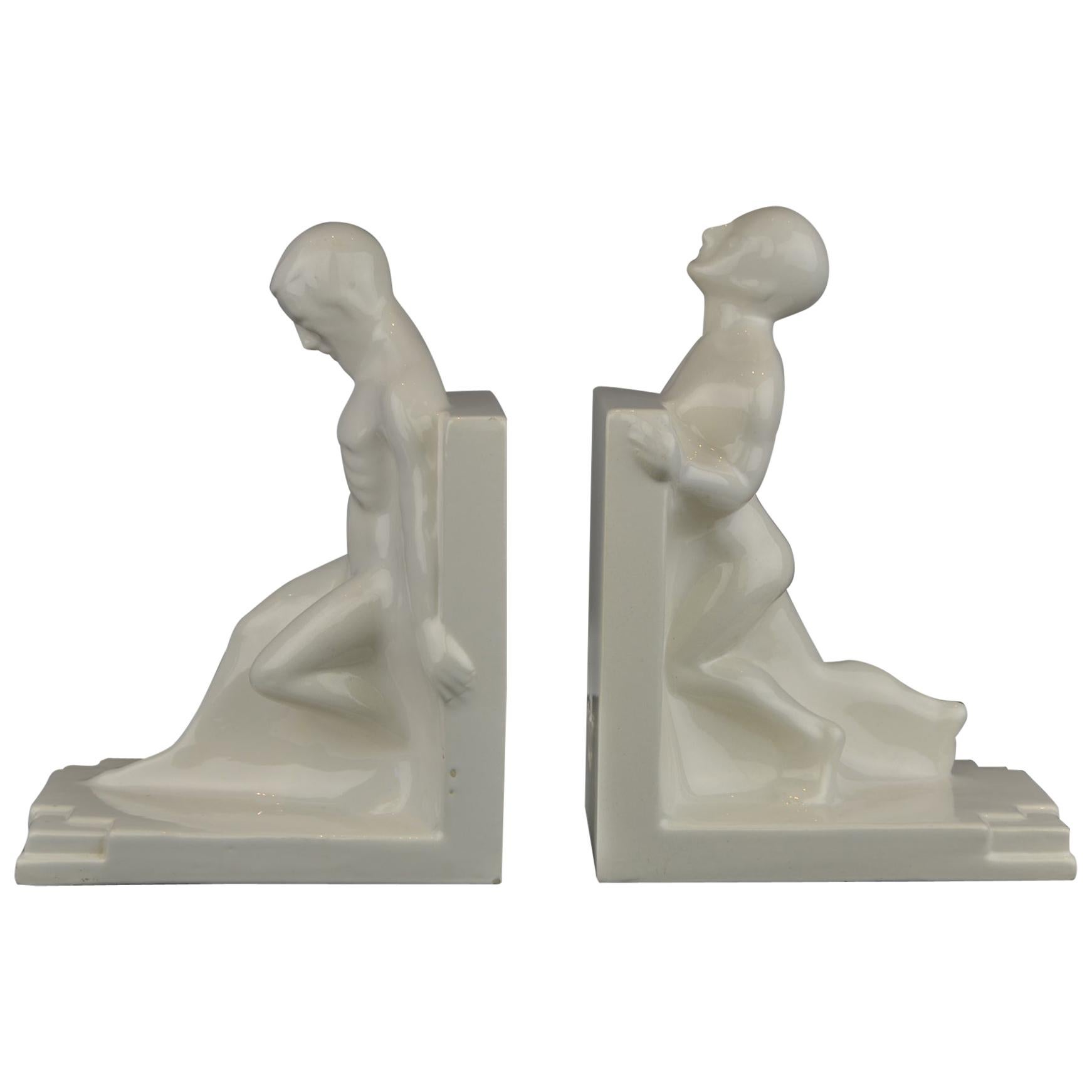 Large Art Deco Bookends with Nude Muscular Males in White Glazed Ceramic