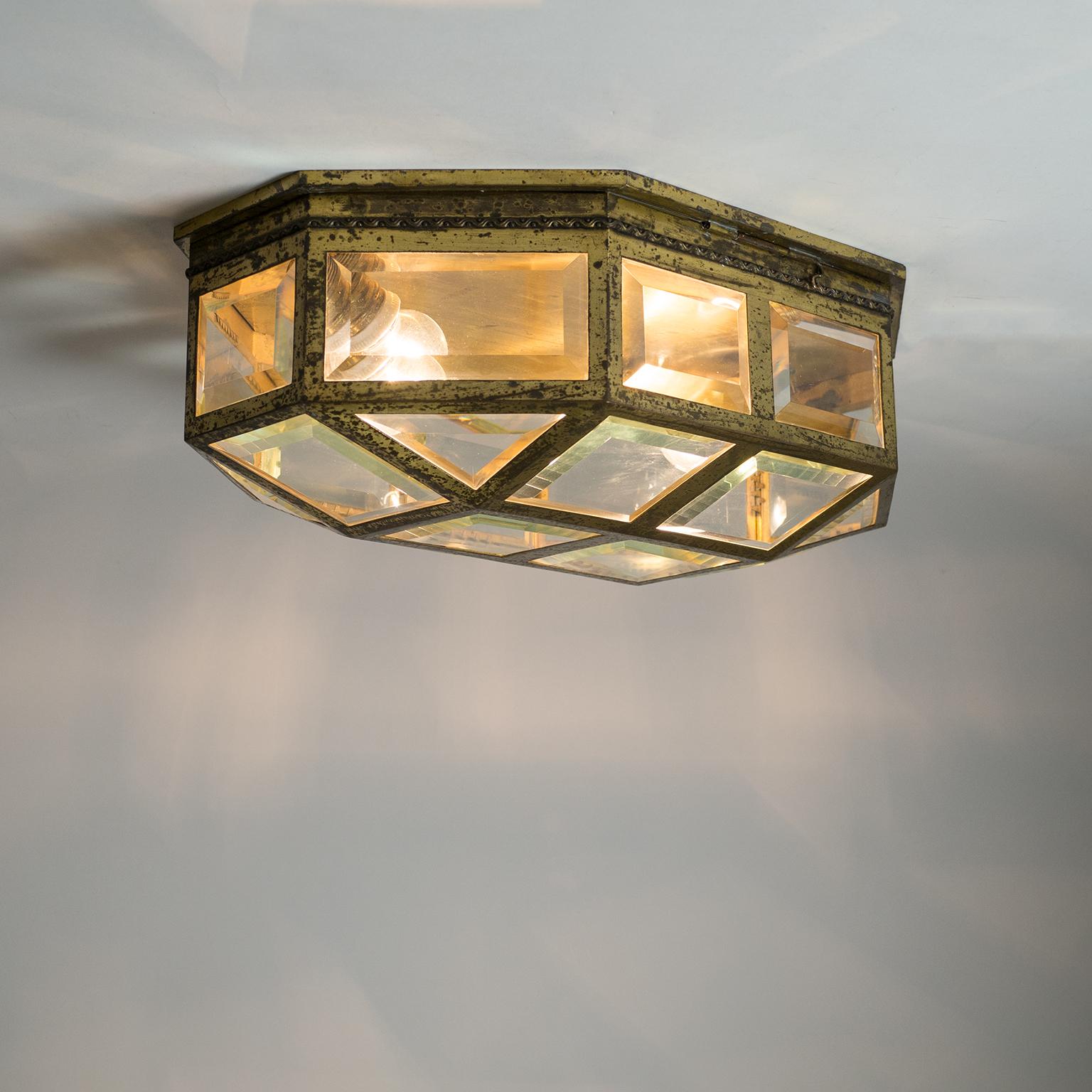 Large Art Deco Brass and Faceted Glass Flush Mount, circa 1910 5