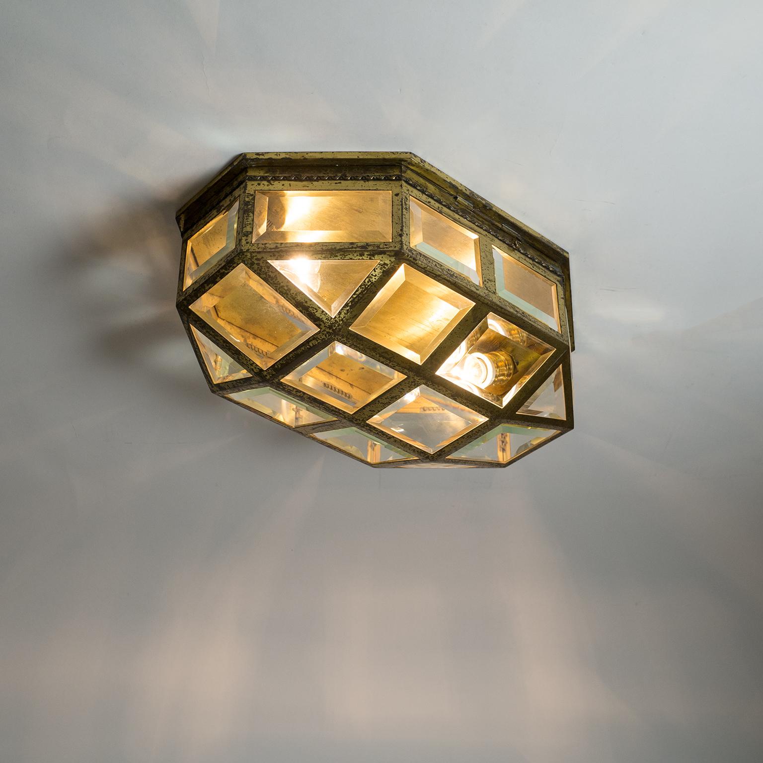 Large Art Deco Brass and Faceted Glass Flush Mount, circa 1910 6