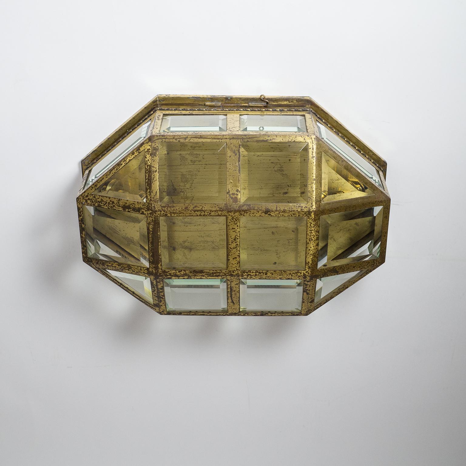 Large Art Deco Brass and Faceted Glass Flush Mount, circa 1910 7