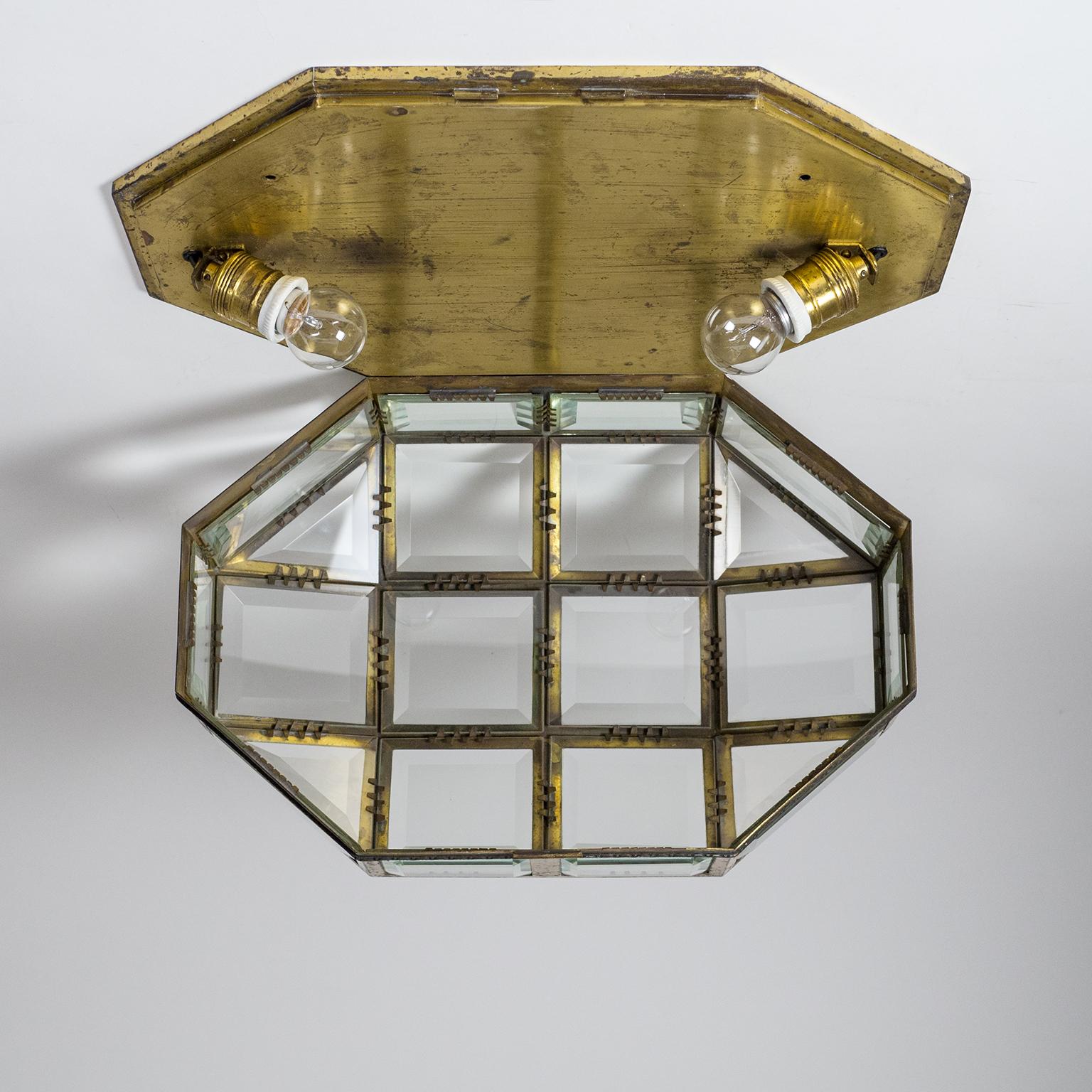 Large Art Deco Brass and Faceted Glass Flush Mount, circa 1910 8