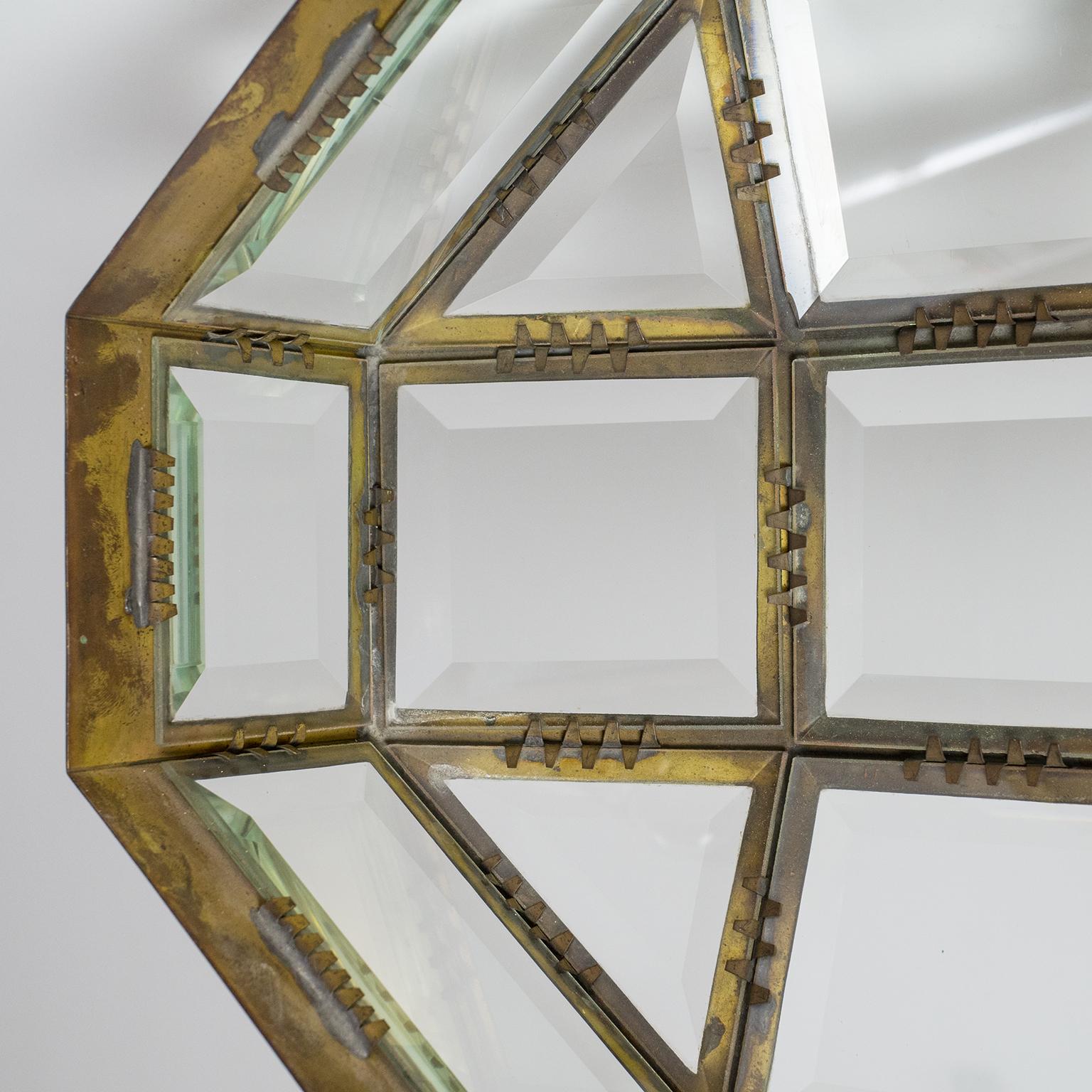 Large Art Deco Brass and Faceted Glass Flush Mount, circa 1910 9