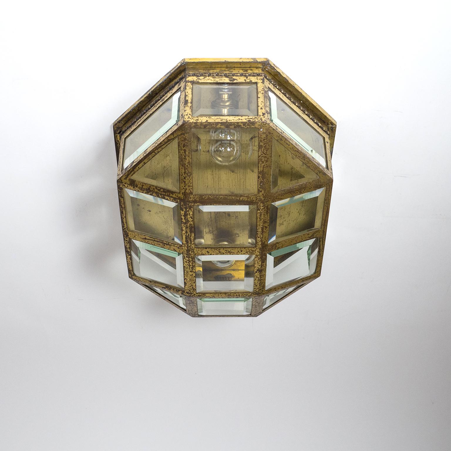 Large Art Deco Brass and Faceted Glass Flush Mount, circa 1910 10