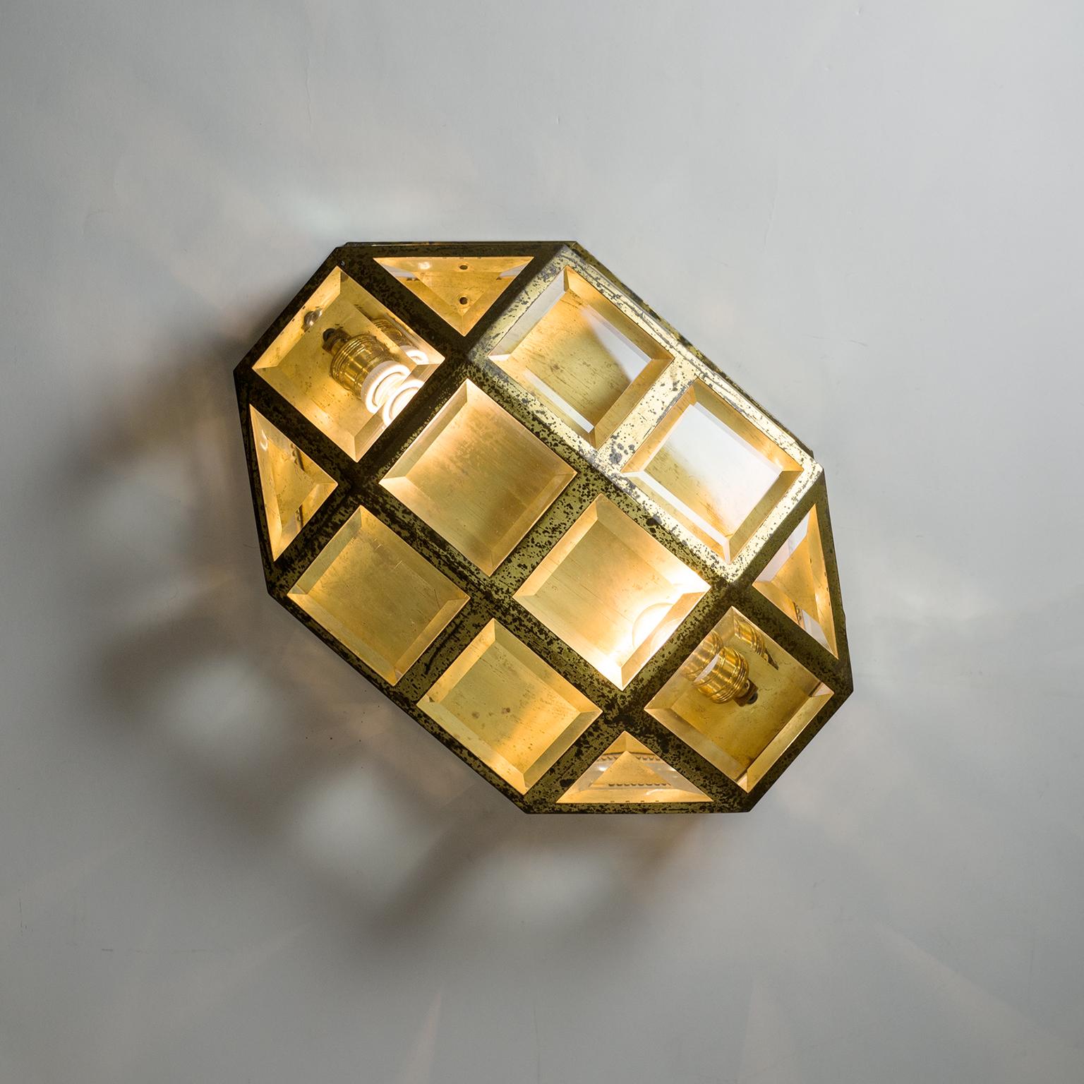 Large Art Deco Brass and Faceted Glass Flush Mount, circa 1910 11