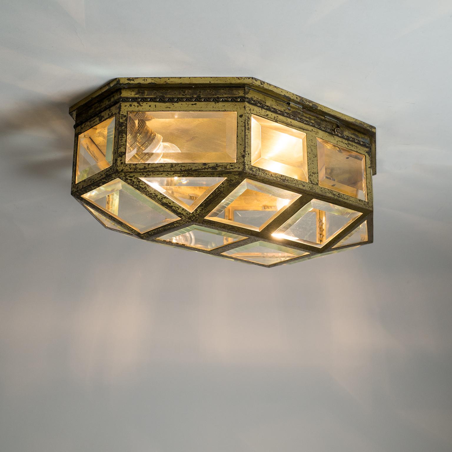 Large Art Deco Brass and Faceted Glass Flush Mount, circa 1910 12
