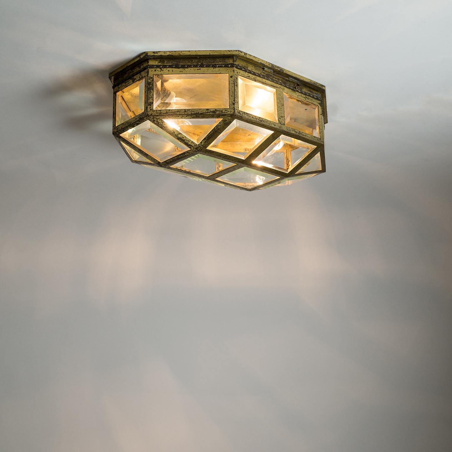 Large Art Deco Brass and Faceted Glass Flush Mount, circa 1910 13