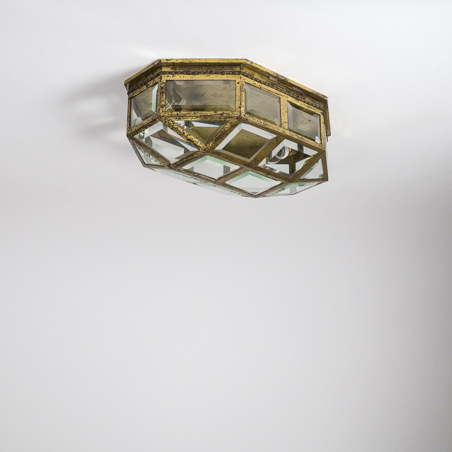 Large Art Deco Brass and Faceted Glass Flush Mount, circa 1910 14