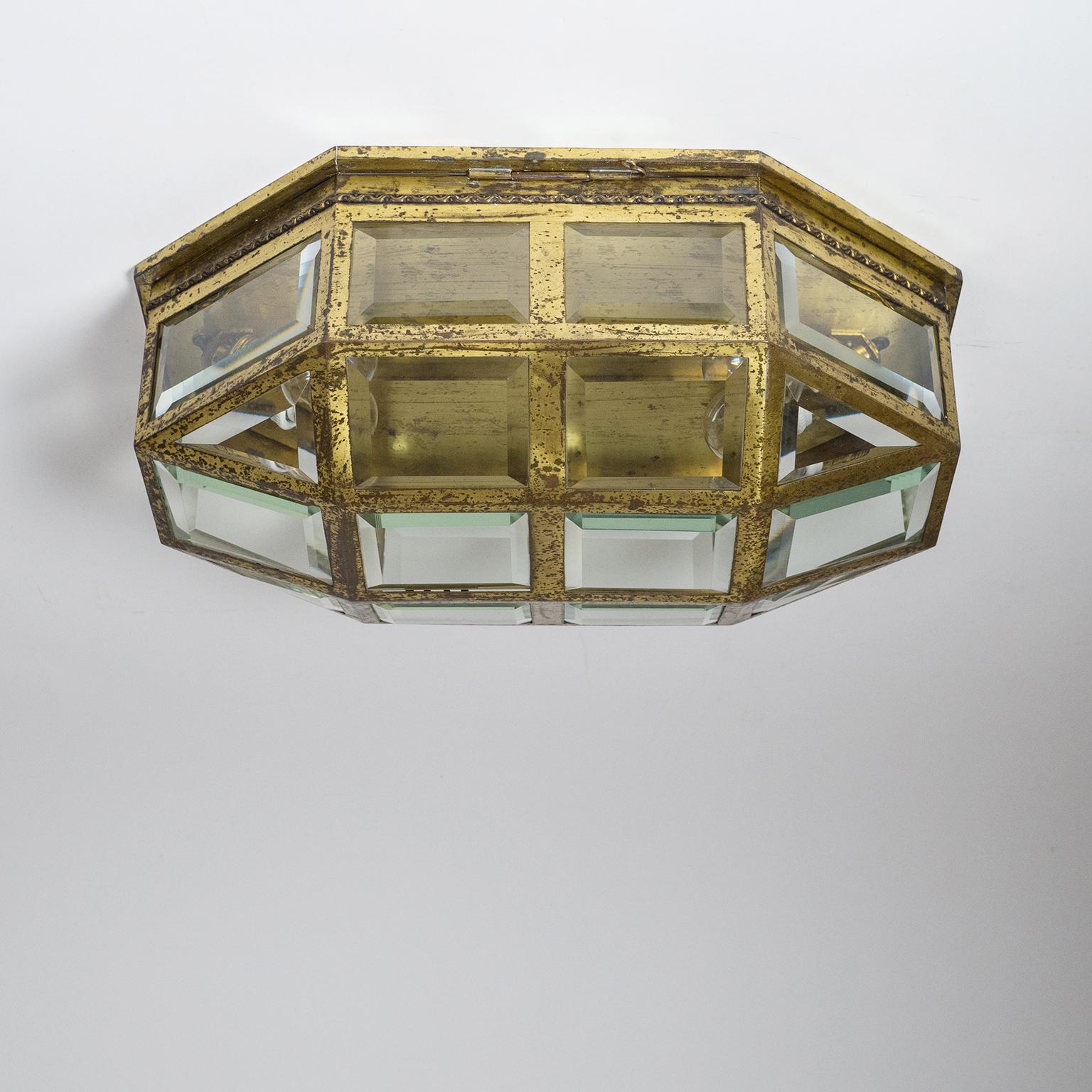 Austrian Large Art Deco Brass and Faceted Glass Flush Mount, circa 1910