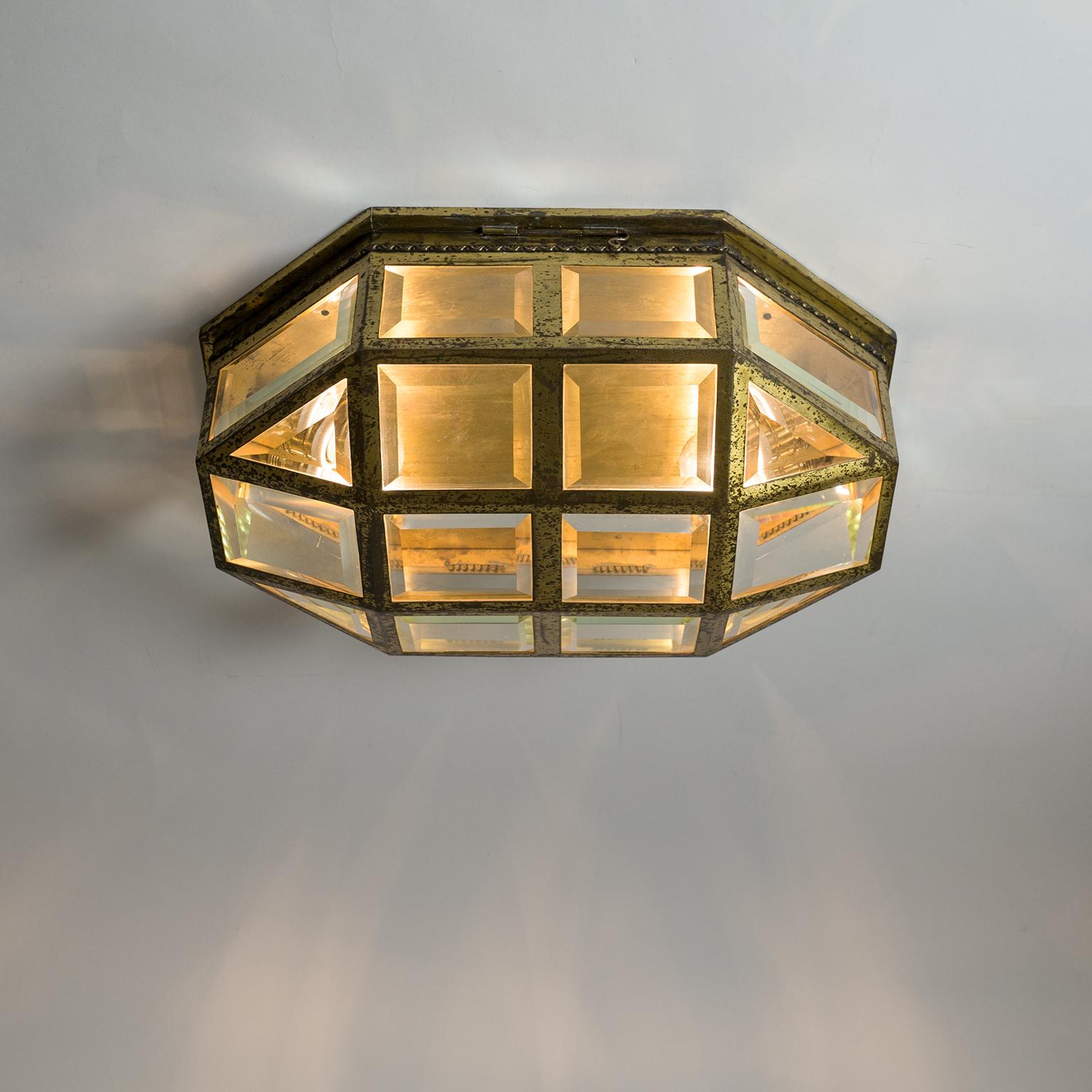 Large Art Deco Brass and Faceted Glass Flush Mount, circa 1910 In Good Condition In Vienna, AT